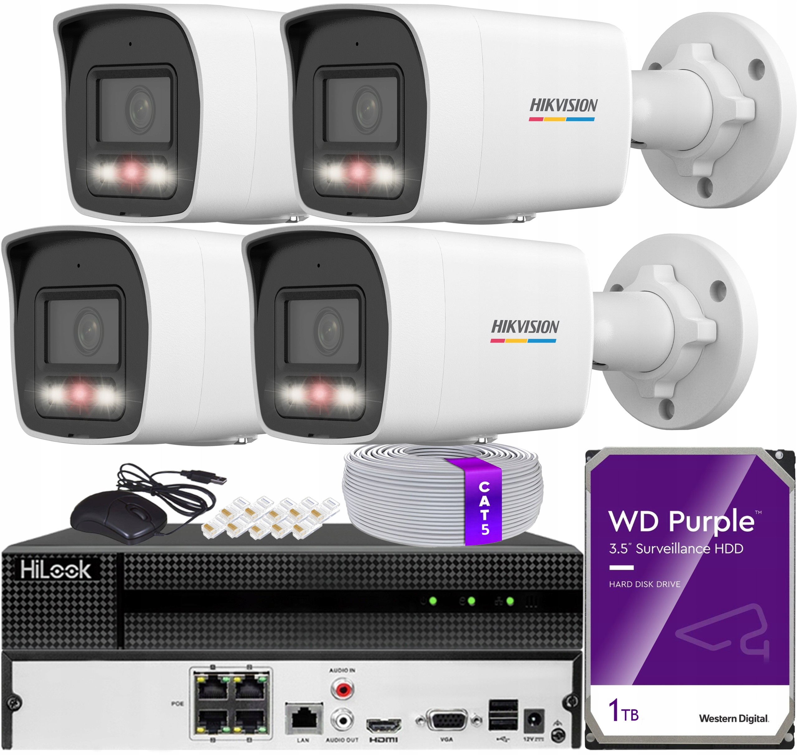 Sada na monitorovanie 4x Kamera DS-2CD1047G3H-LIUF/SL 4MPx Hikvision Disk 1TB