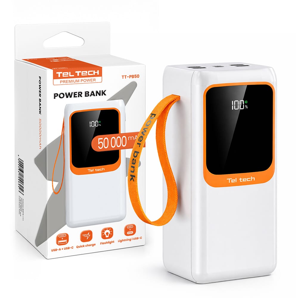 Teltech power bank 5A 22.5W kable Typ-C Lightning biały 50000mAh