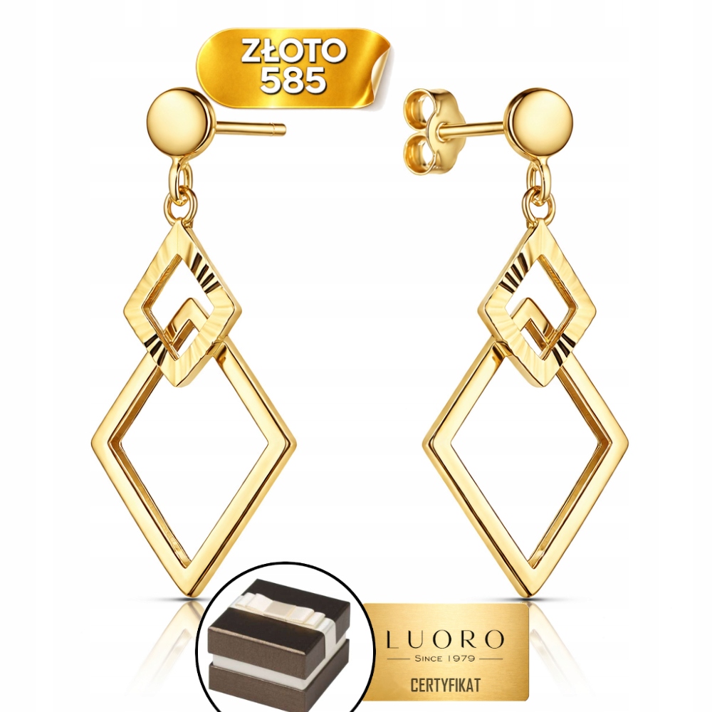 Náušnice Zlaté 585 14K Závěsné Kosočtverce S Diamantem 29 MM Prestiž