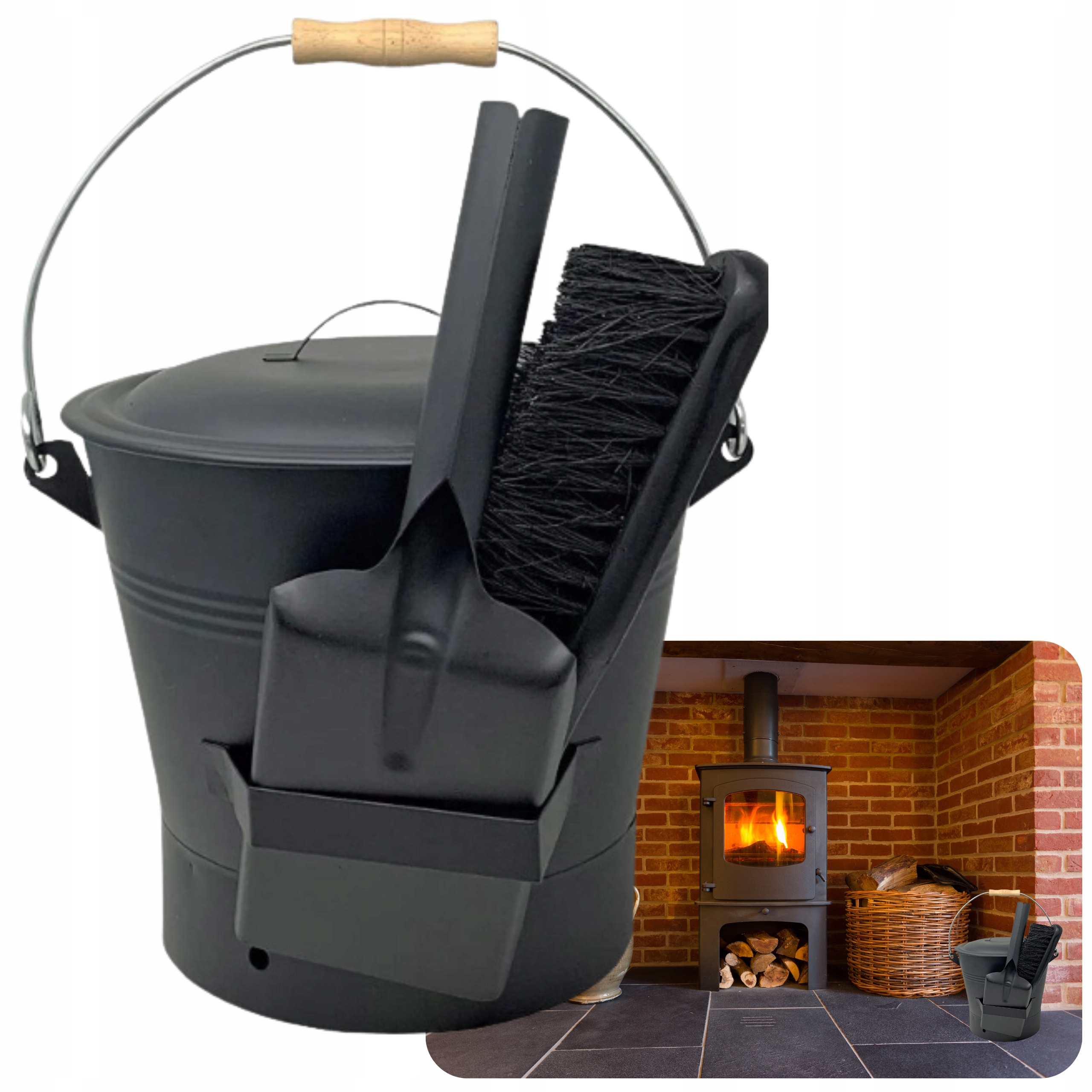 Kbelík na popel do krbu, kovový, s rukojetí, smetáček