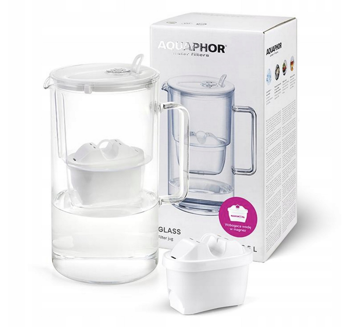 Dzbanek filtrujący szklany Aquaphor Glass 2,5l z wkładem Maxfor+ Mg, Biały