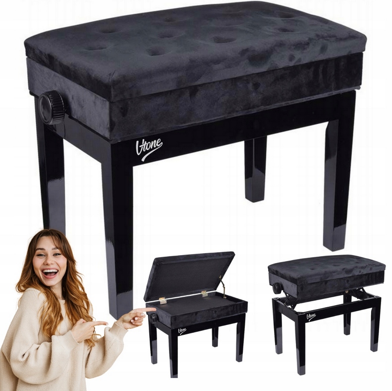 Klavírní Stolička Na Klavír Černá Velurová, Nastavitelná S Úložným Prostorem