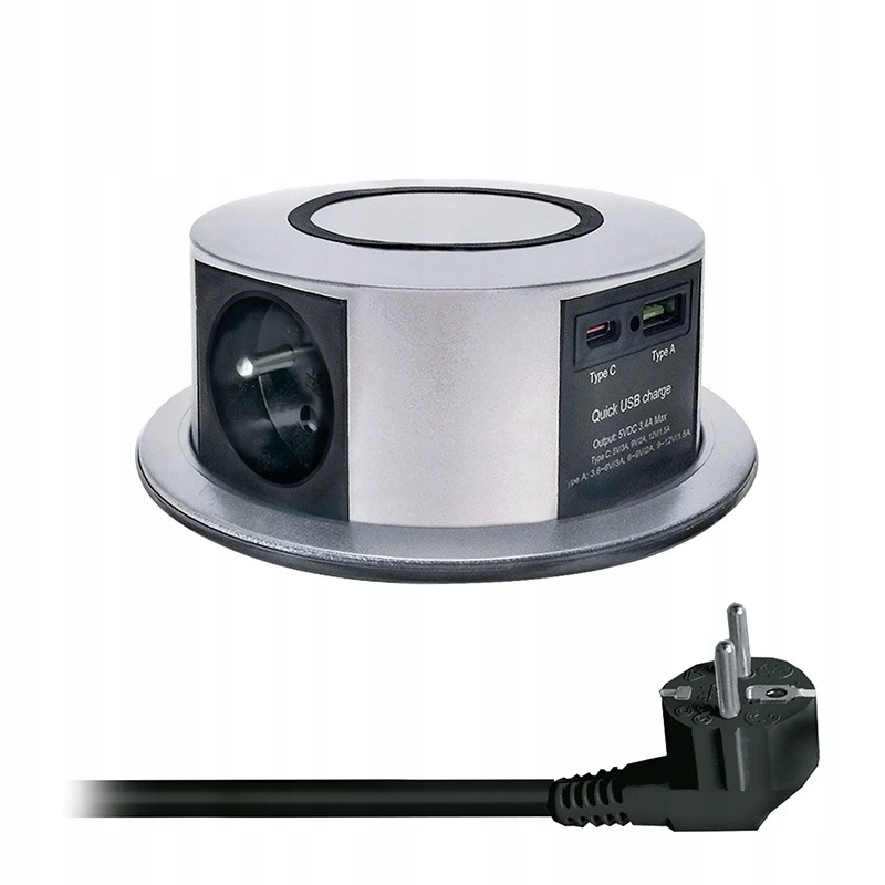 3z Usb A C 20W Pd, Wireless 10W, výsuvný blok zásuviek, 2m, strieborný