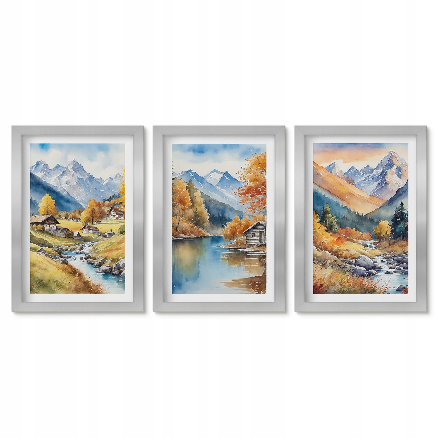 Sada 3 obrazů Triptych Moderní dekorace Podzimní hory řeka domky