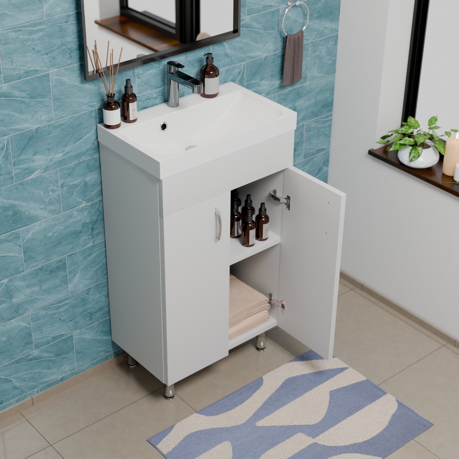 Zestaw łazienkowy Szafka z Umywalką stojący do małej łazienki Półka Domyk Głębokość mebla 28.2 cm