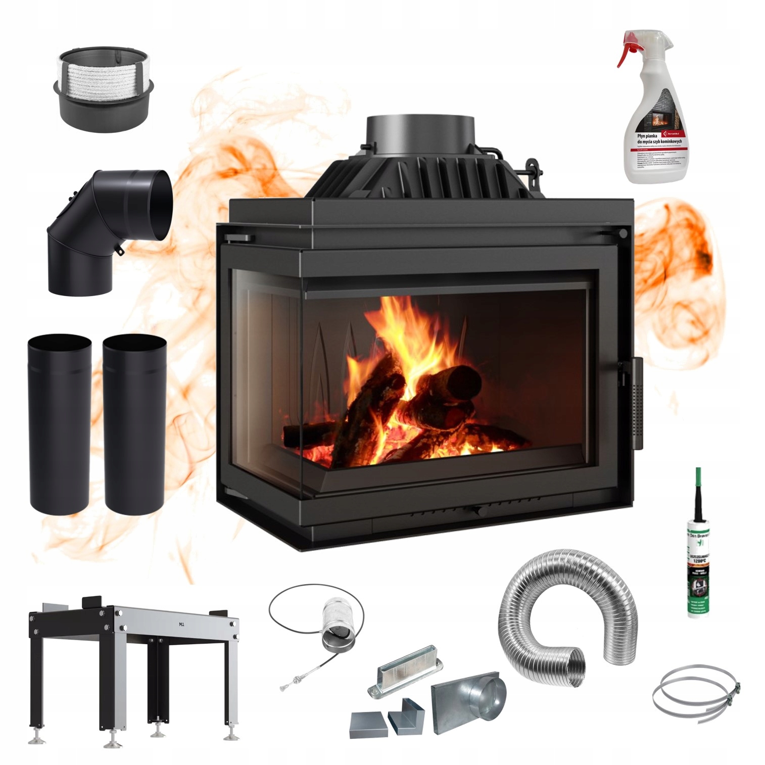 Krbová vložka rohová krbová Simple 8 kW levá trubky přívodová základna Pěna