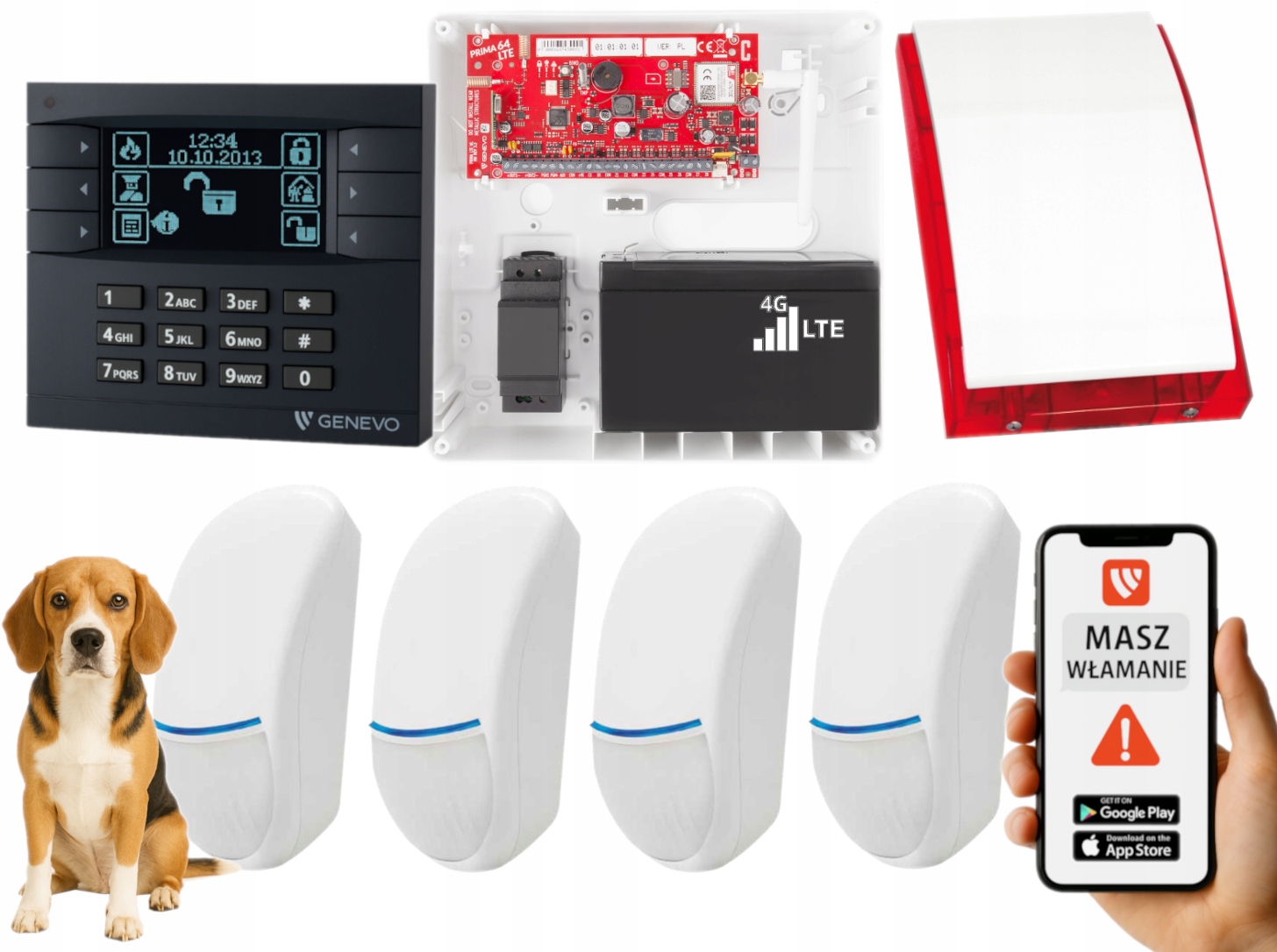 System Alarmowy Genevo PRiMA64LTE Wl Gsm 4 Czujki Bingo Panel LCD Aplikacja