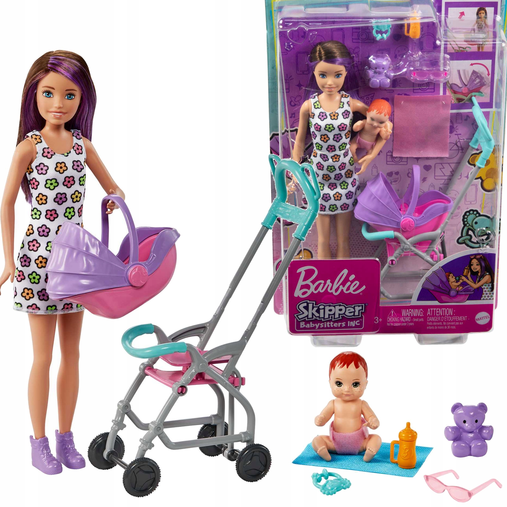 Barbie Lalka Skipper Opiekunka dziecięca z wózkiem akcesoria bobas GXT34