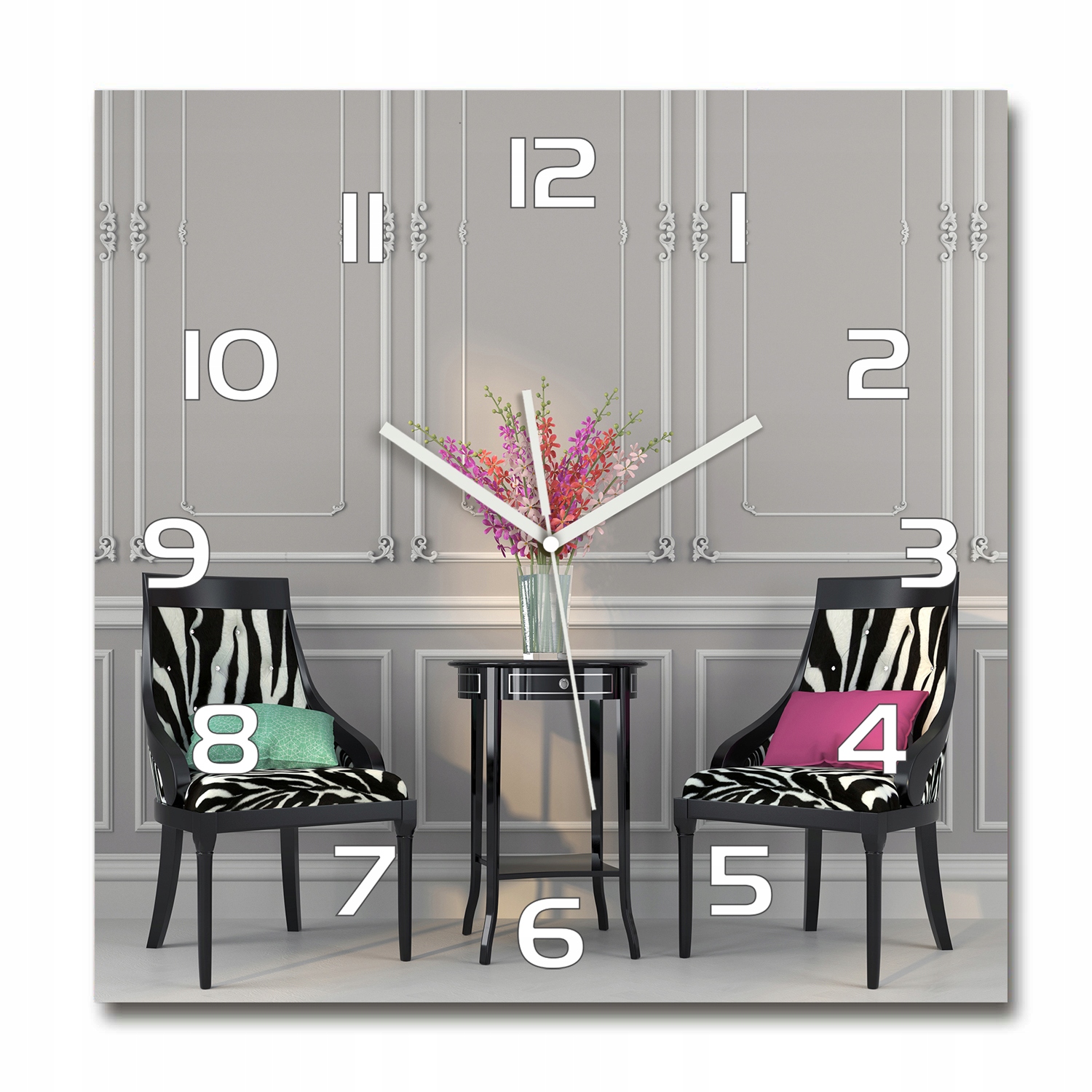 

Duży kwadratowy szklany zegar Dwa krzesła 60x60 cm