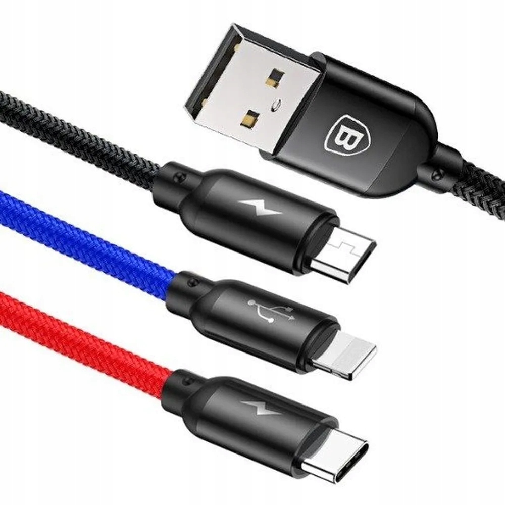 Baseus kabel 3w1 Usb A do Micro Usb Lightning Typ C 3,5A 0,3 m czarny