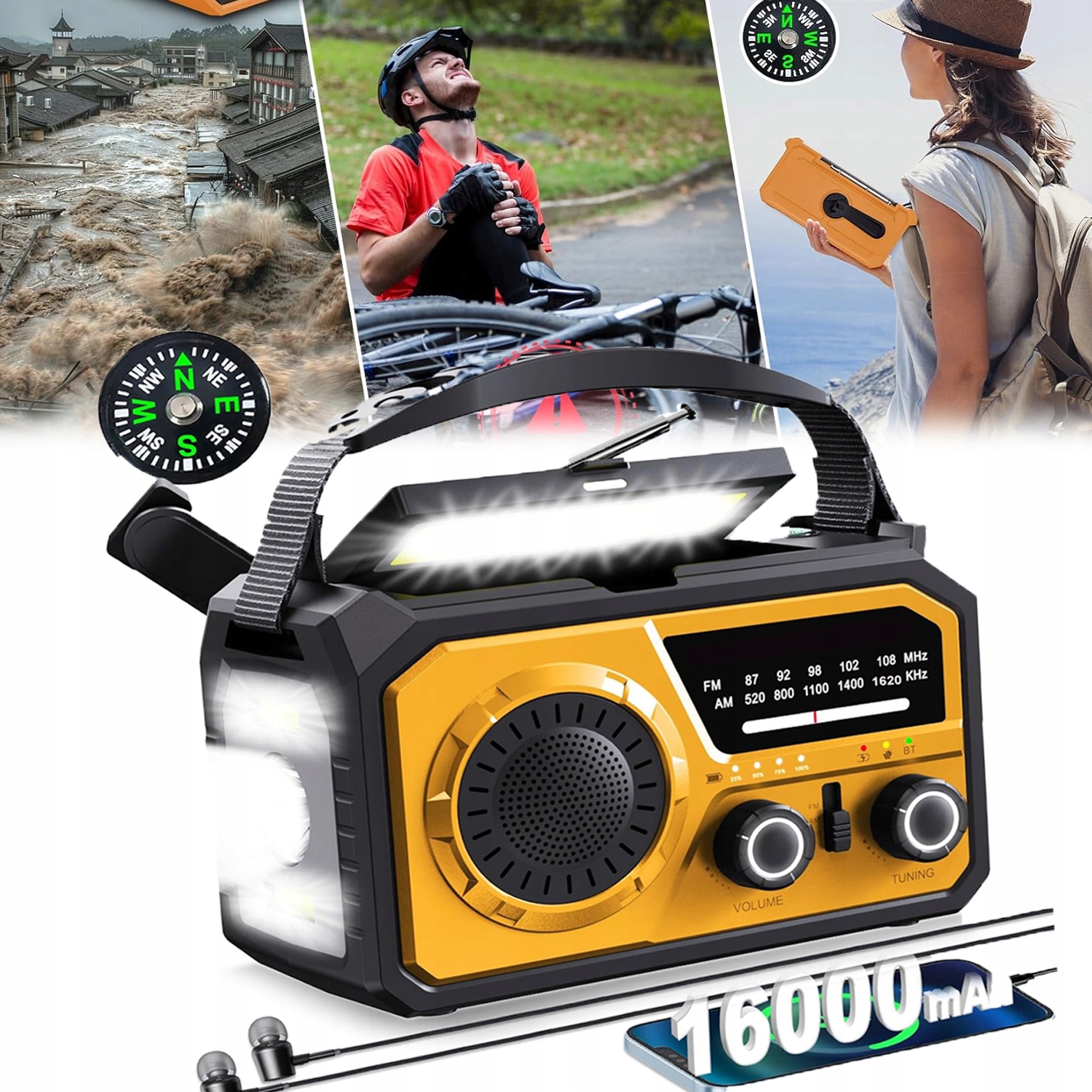 Survivalové rádio s nabíjaním solárna kľuka 16000 mAh Powerbank Baterka