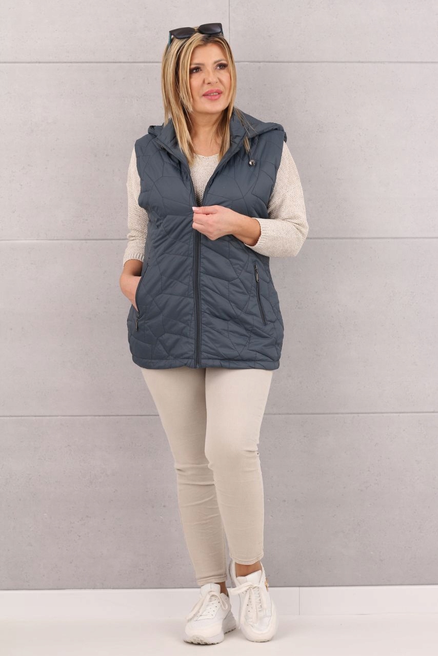 KAMIZELKA PIKOWANA DŁUGA Z KAPTUREM DAMSKA MODNY BEZREKAWNIK ROZMIARY Kolor niebieski