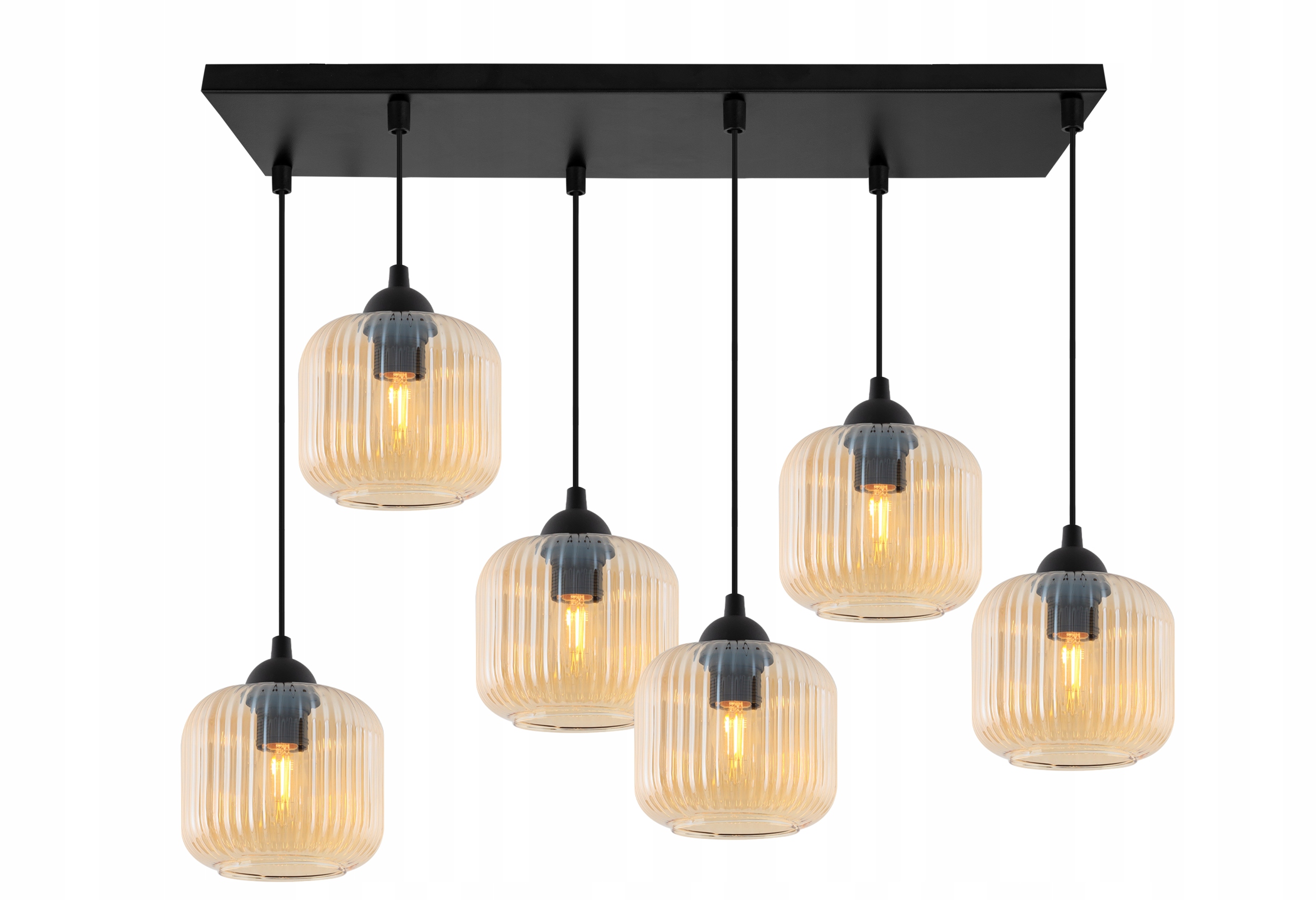 Závesná Stropná Lampa Luster S Čiernou Lištou, Sklenené Ryhované Tienidlá E27