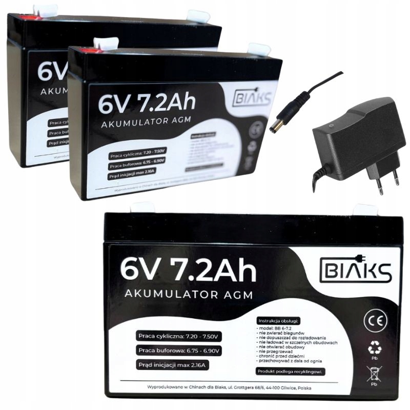 2x Agm 6V 7,2Ah Akumulátor Biaks kapacita 7 Ah s 12V nabíječkou a Ups zástrčkou
