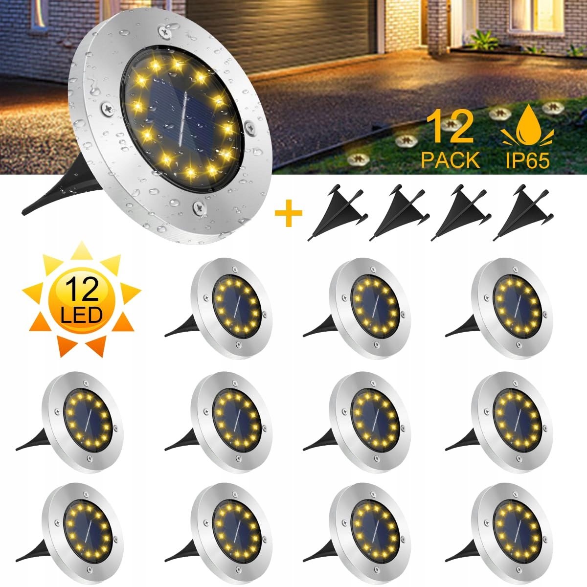 GREPRO Lampy Solarne 12 LED IP65 Wodoodporne Do Ogrodu — miniatura 2