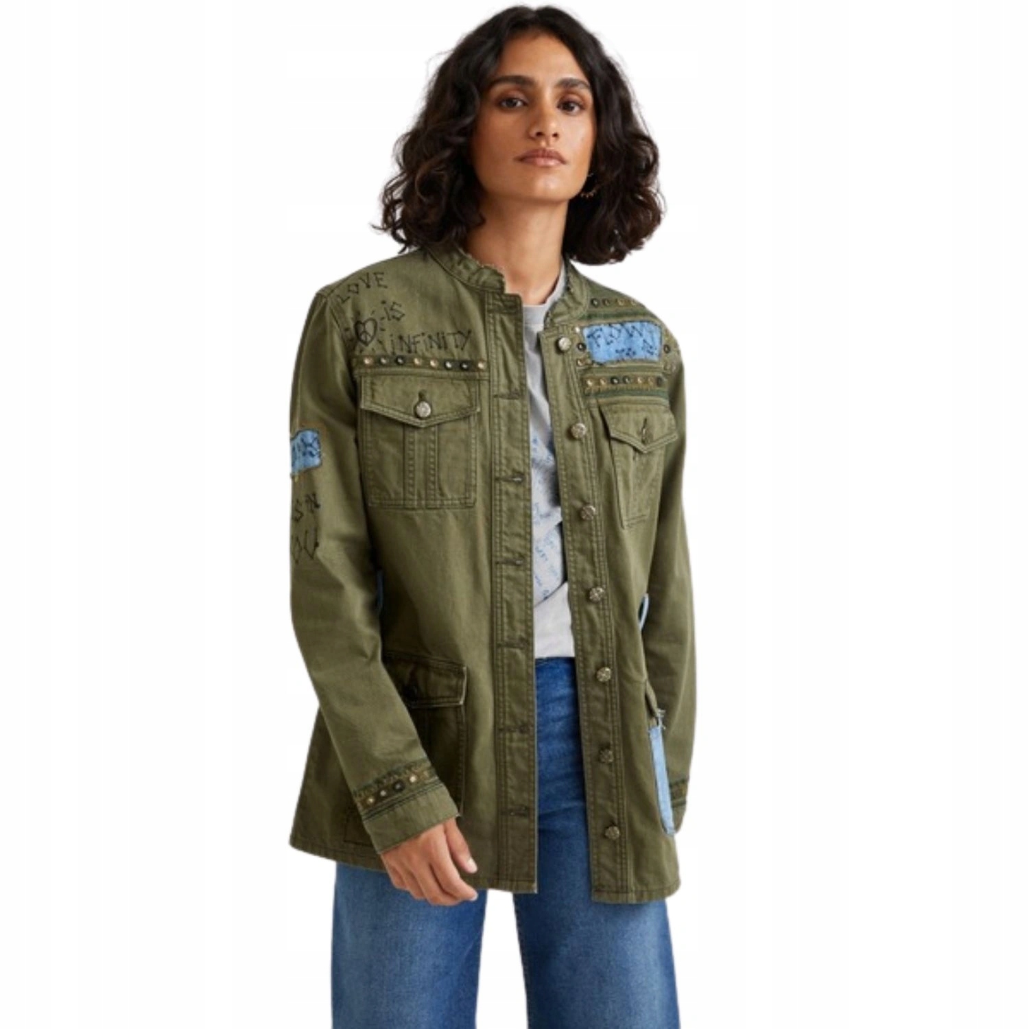 Dámská bunda Desigual Amore bavlněná s výšivkami a nášivkami khaki vel. M/38