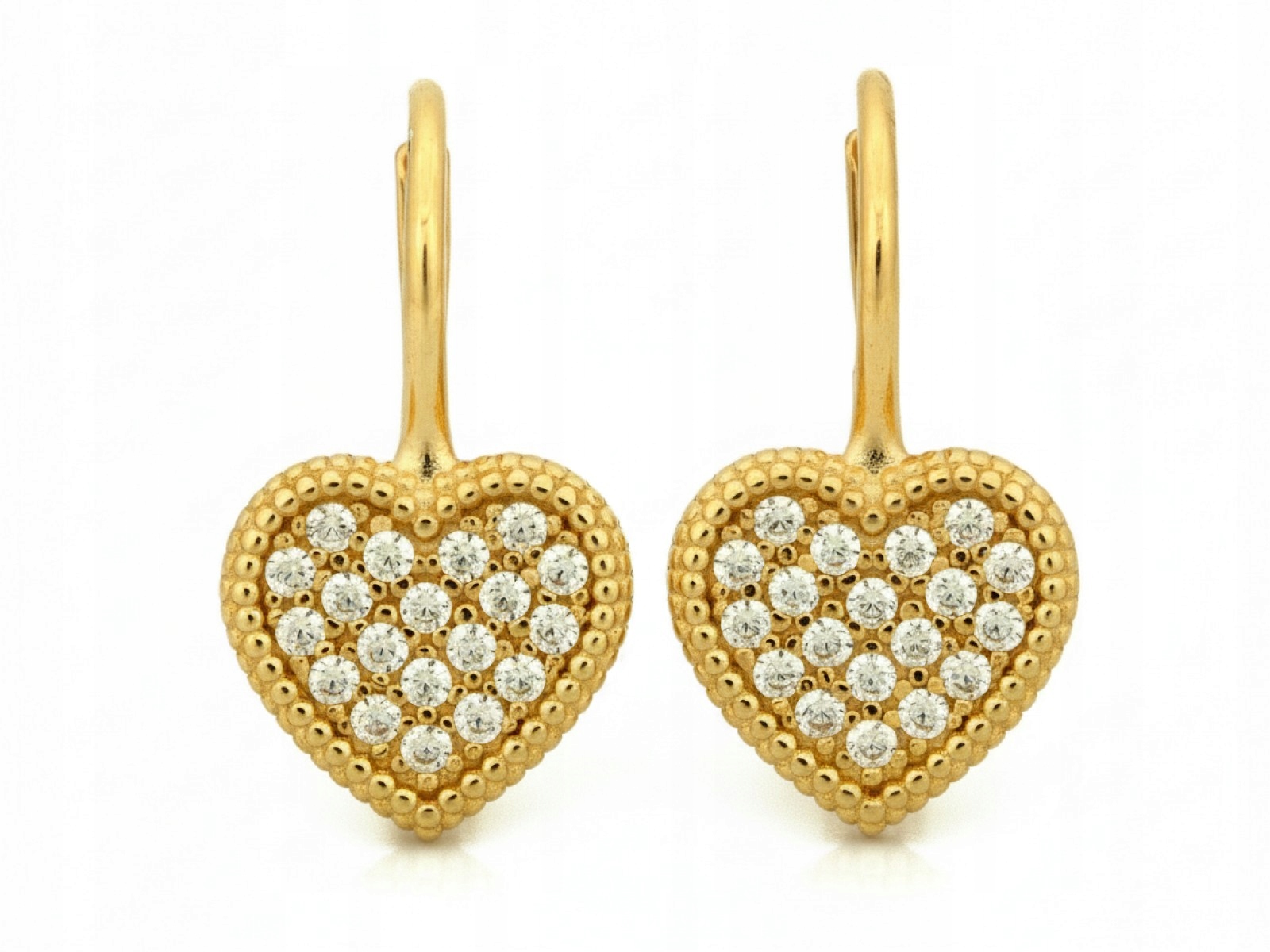 Zlaté dámské náušnice 585 s visícími srdíčky a zirkony, elegantní pro maminku