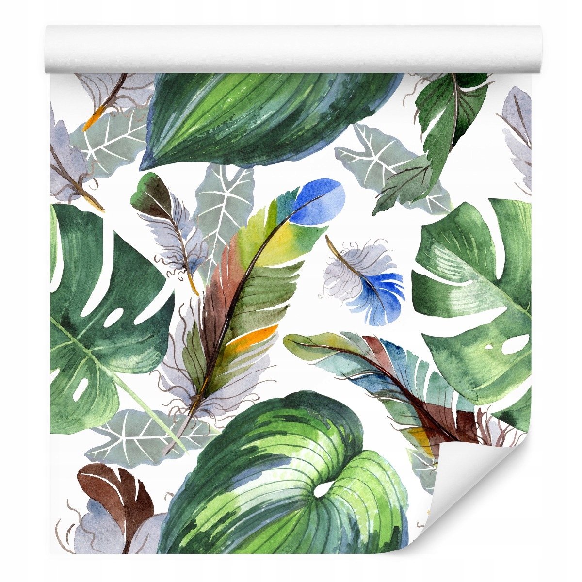 Tapeta do obývacího pokoje tropické Listy peří akvarel