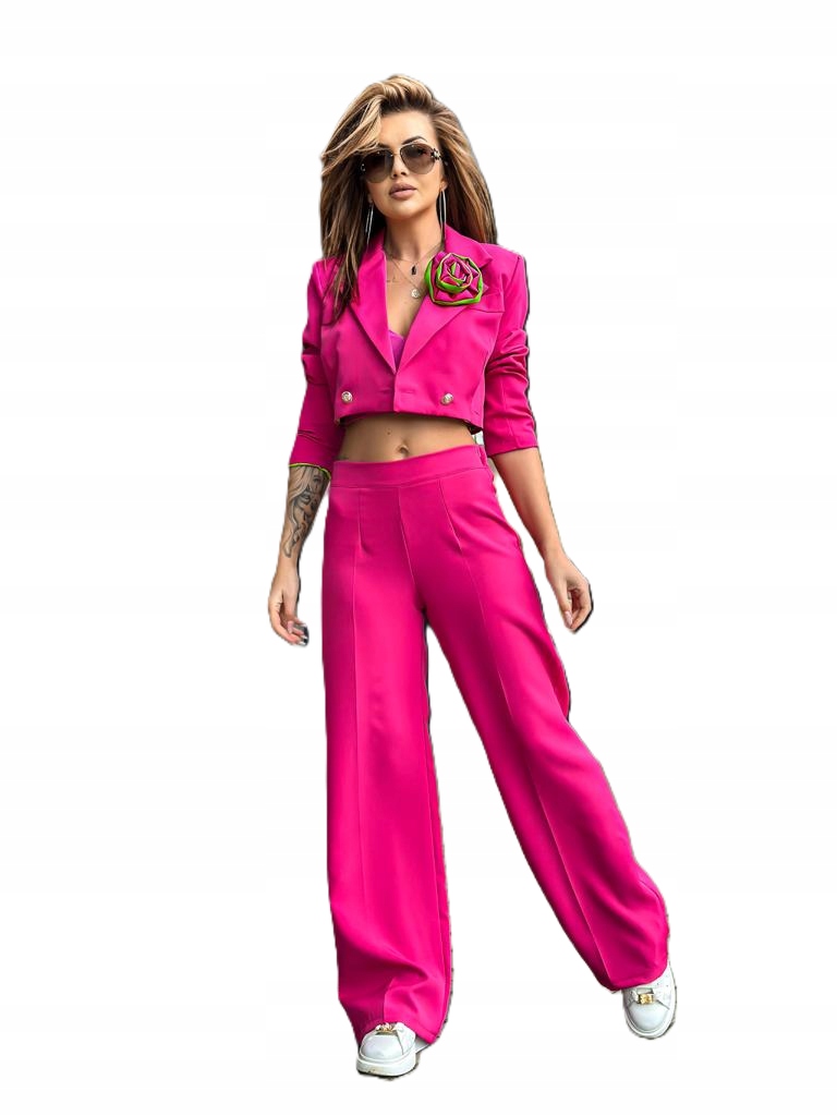 0013 Elegantní komplet Premium – krátká sako široké kalhoty Fuchsia