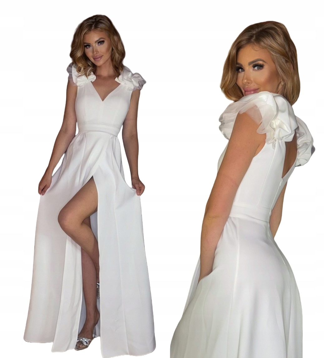 Betty – dlouhé bílé svatební šaty s rozparkem, velikost Xs