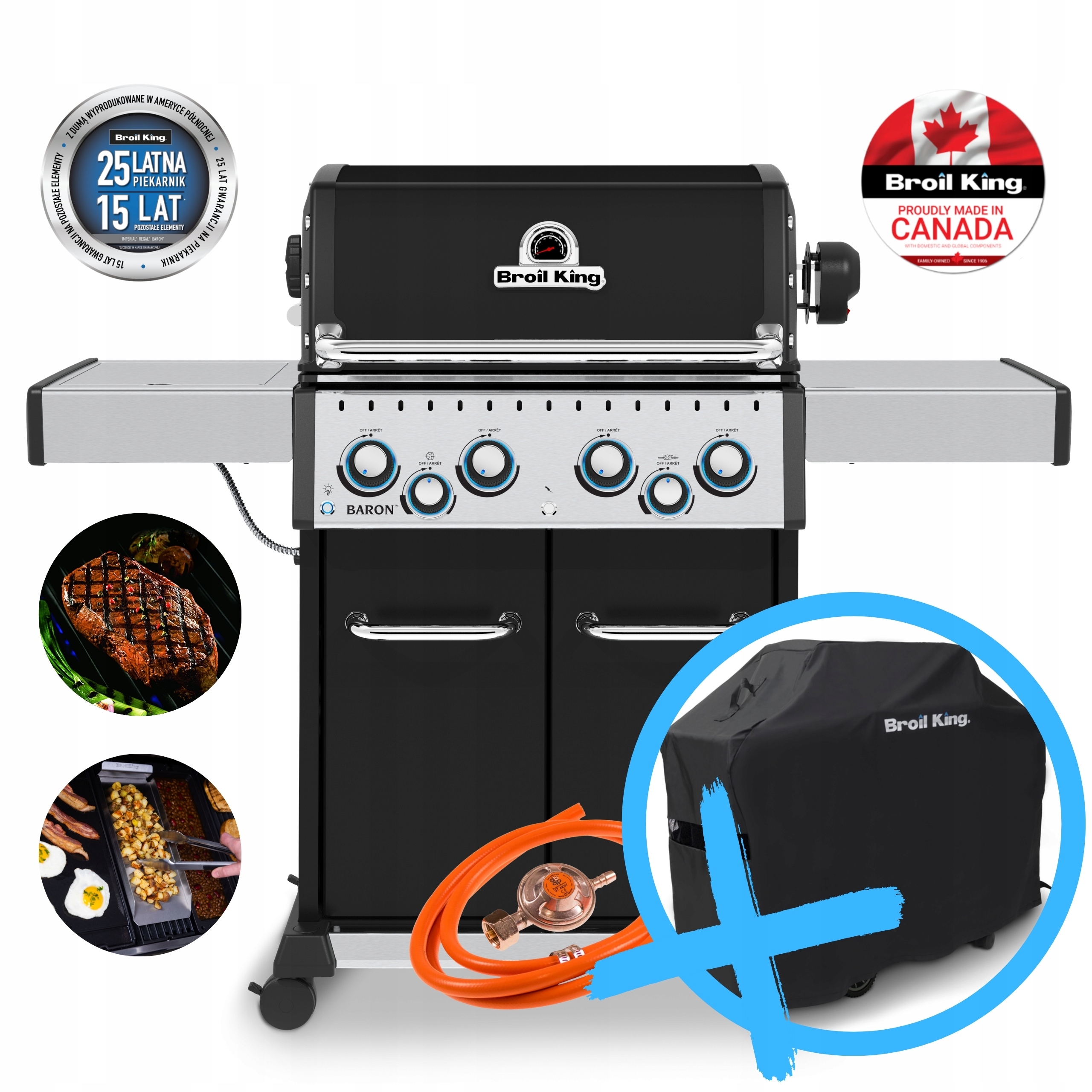 Grill gazowy ogrodowy Broil King Baron 490 kuchenka boczna rożen Pokrowiec
