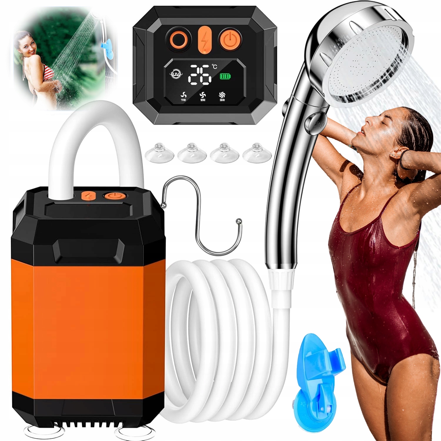 Turistická Kempingová Sprcha Usb Pumpa Přenosný Set Oranžová