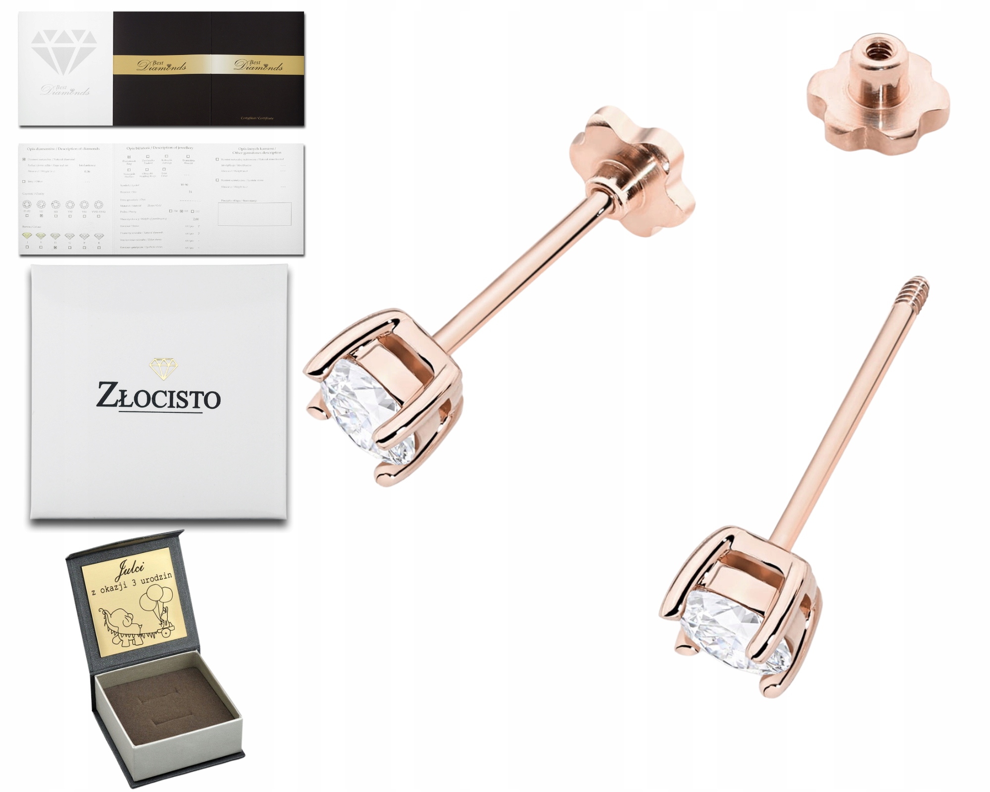 Náušnice Z Růžového Zlata, Šroubovací Tyčinky, Diamanty, Briliant Lab 585