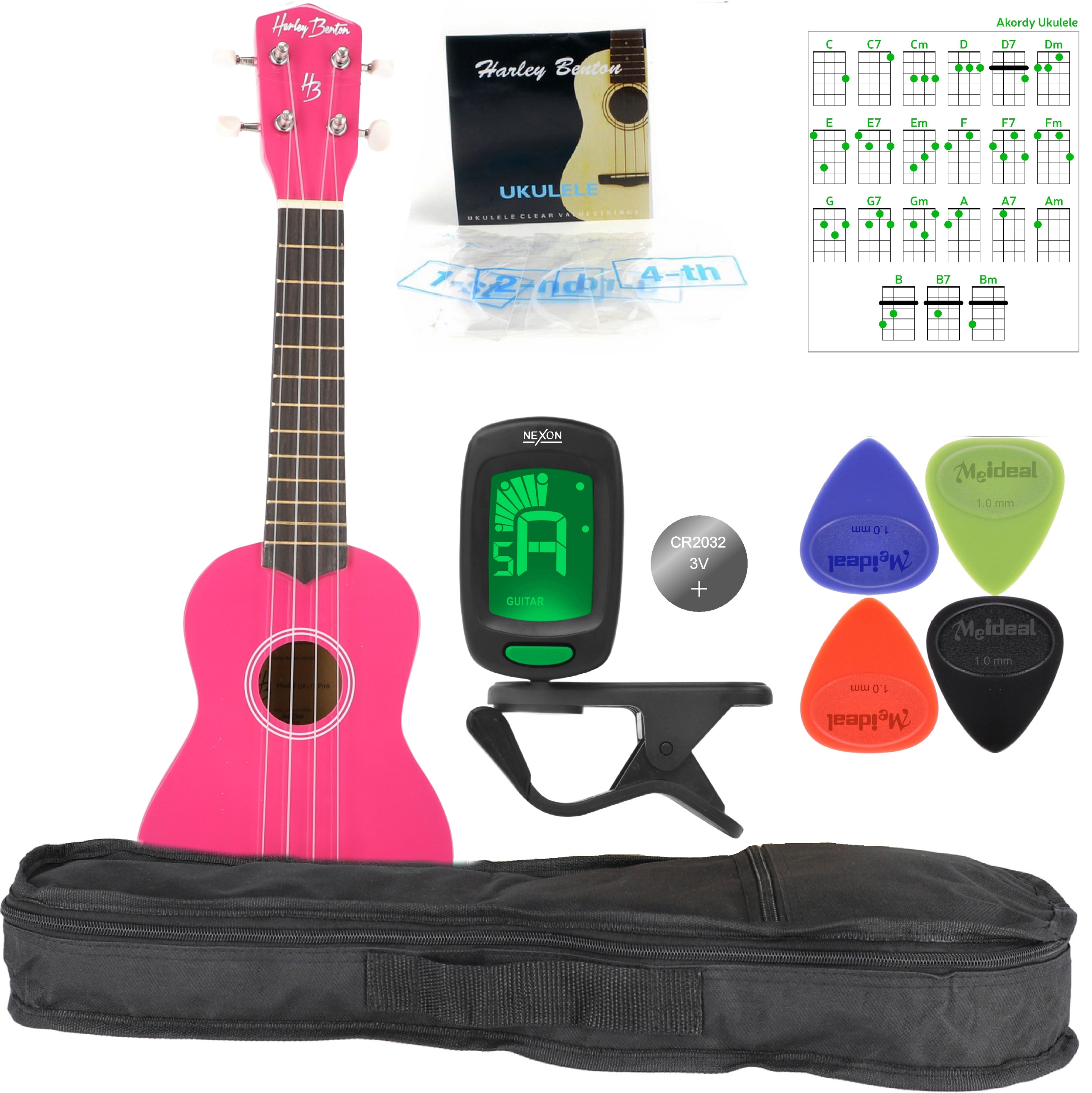 Sopránové ukulele Růžové pouzdro Struny Kostky Plátek Akordy Set