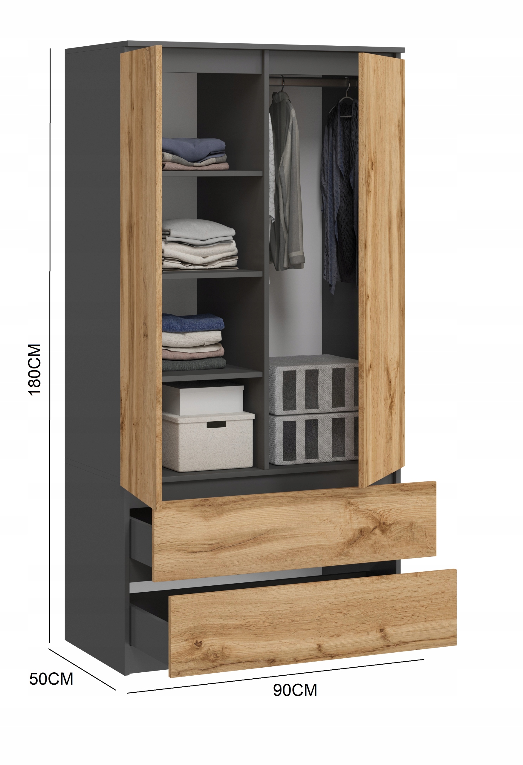 SZAFA 90CM GARDEROBA MONIA ANTRACYT DĄB WOTAN SYPIALNIA Marka SaraMeble