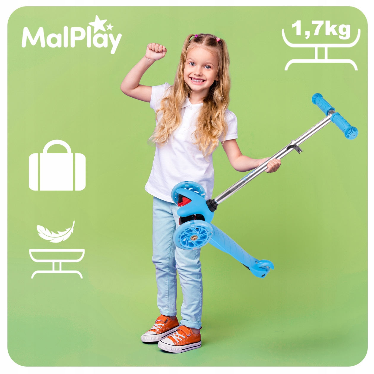 TROJKOLESOVÁ DETSKÁ KOLOBEŽKA NASTAVITEĽNÉ LED KOLESÁ MODRÁ Dĺžka platformy 30 cm