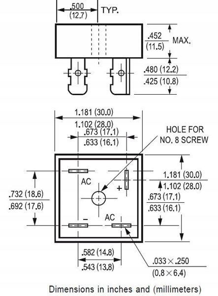 MOSTEK PROSTOWNICZY KBPC5010 50A 1000V KWADRATOWY Symbol KBPC5010