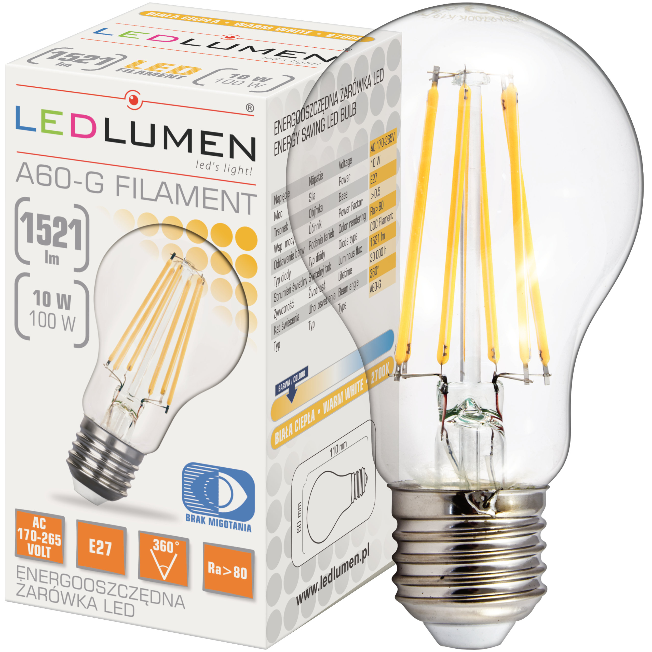 

Żarówka E27 10W=100W Led Filament 1521lm Ozdobna