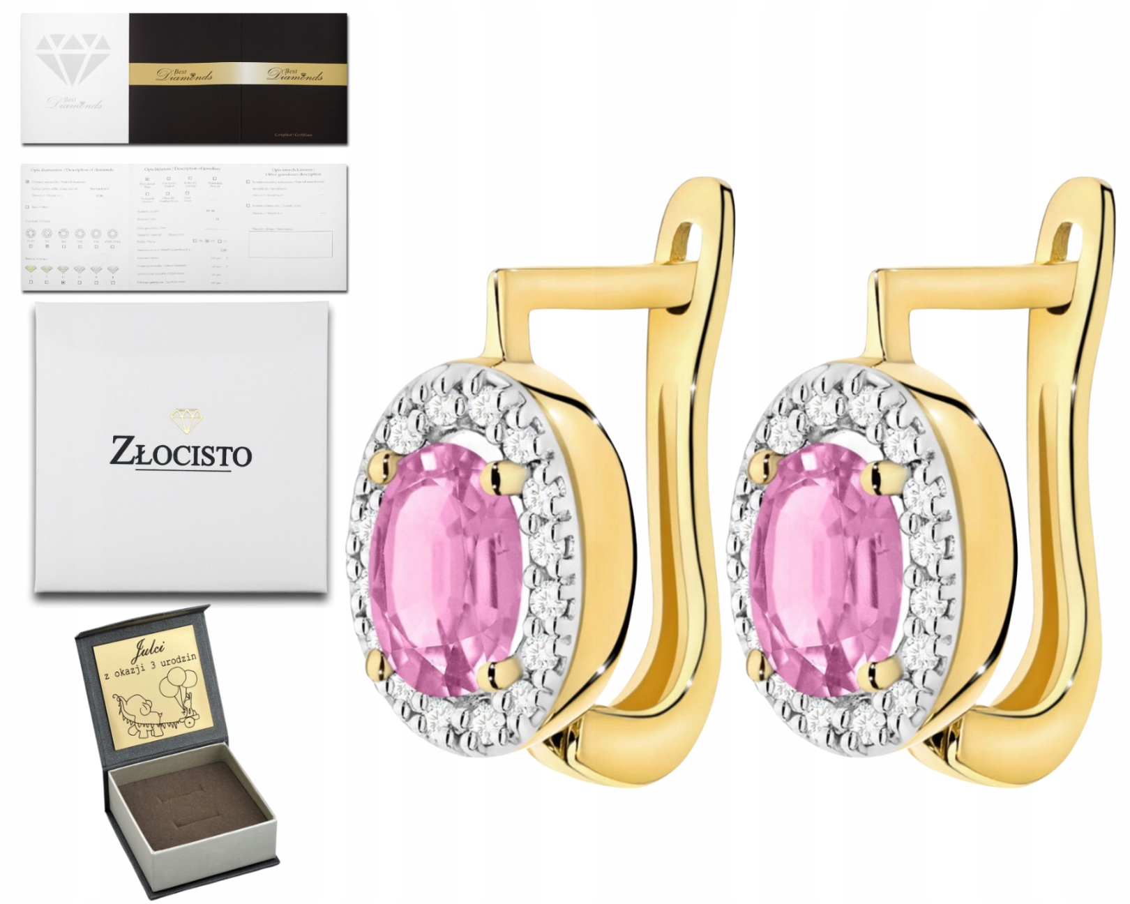 Zlaté Náušnice S Růžovým Safírem A Diamanty, Moderní Anglické Zapínání