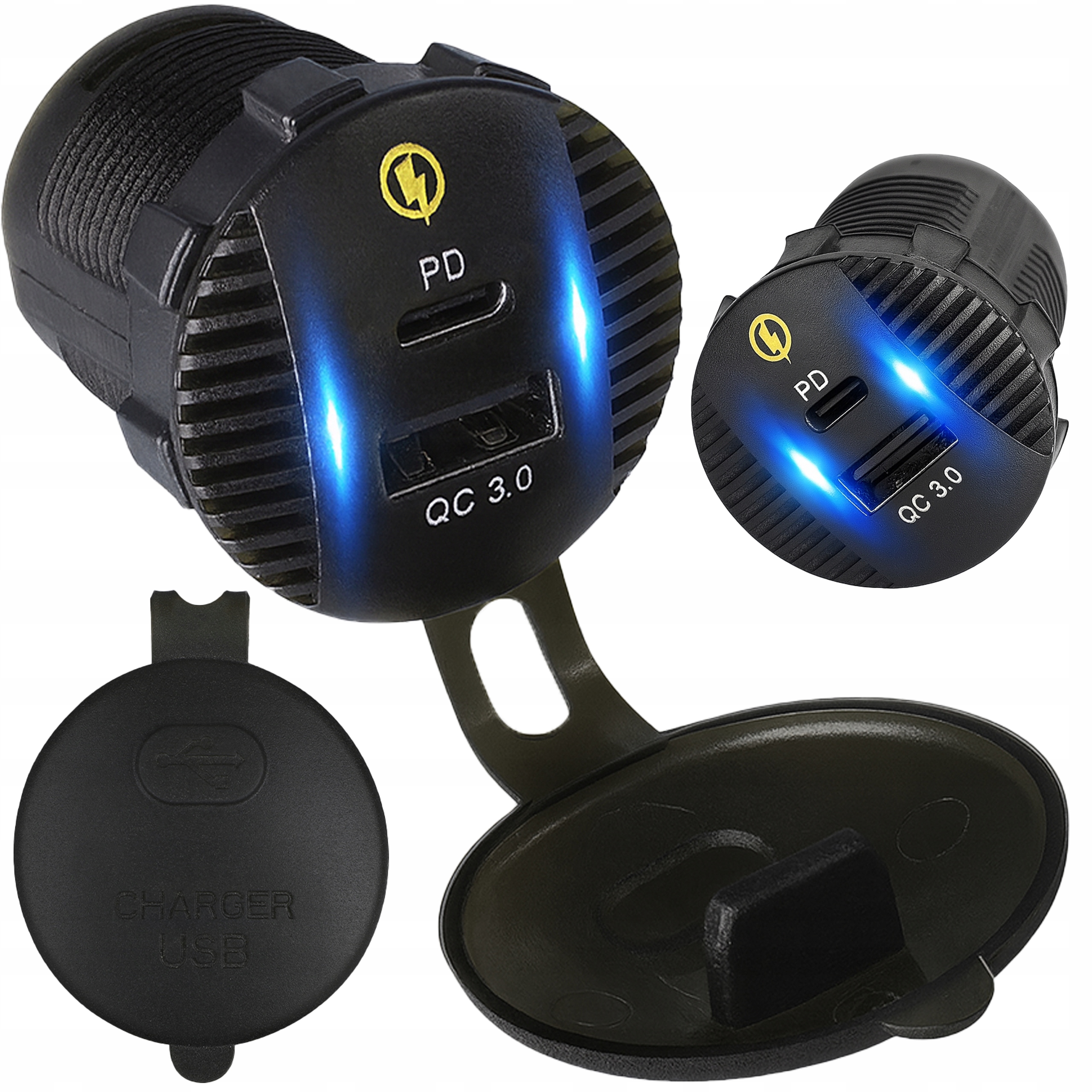 ŁADOWARKA DO SAMOCHÓDU MOTOCYKLA KAMPER LED PD QC3.0 USB-C USB 3,4A 12V 24V