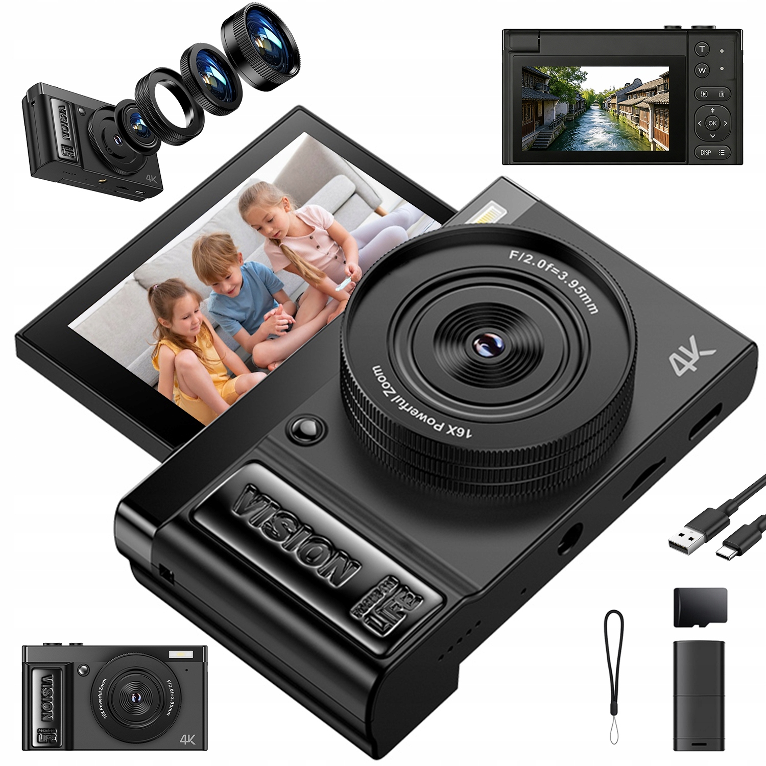 Digitální Fotoaparát 4K 64MP 16X 1500MAH 32GB 3IN Displej 180° Černý Webcam