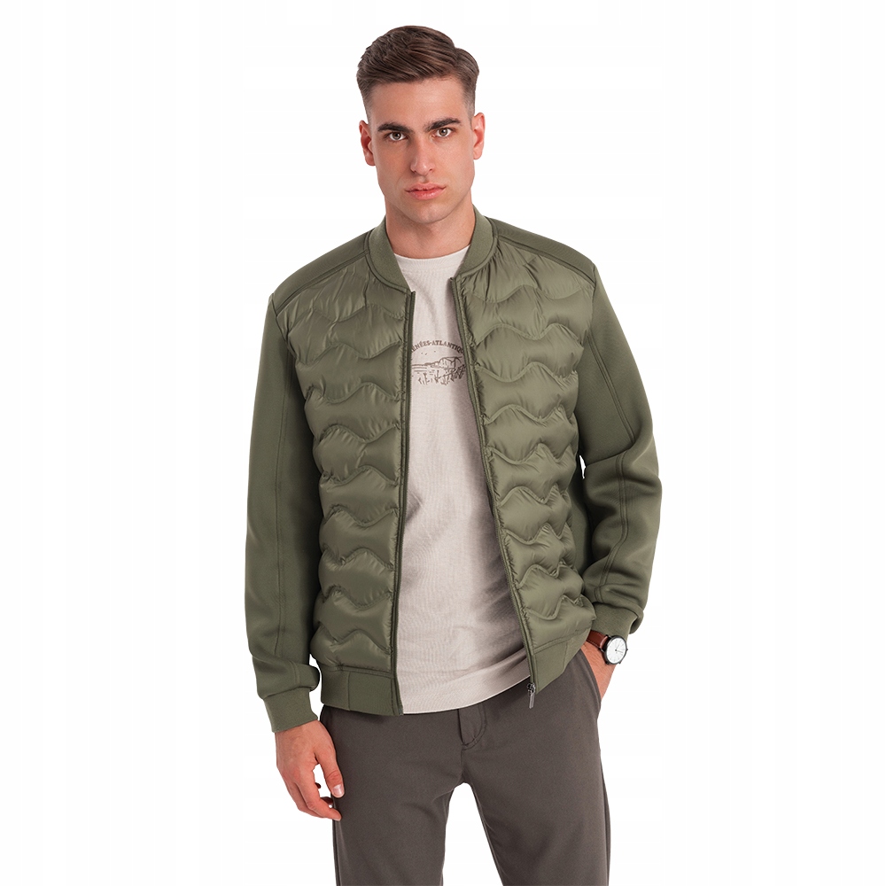 Kurtka bomberka męska z pikowanym wzorem ciemnooliwkowa V3 OM-JALP-0141 XL