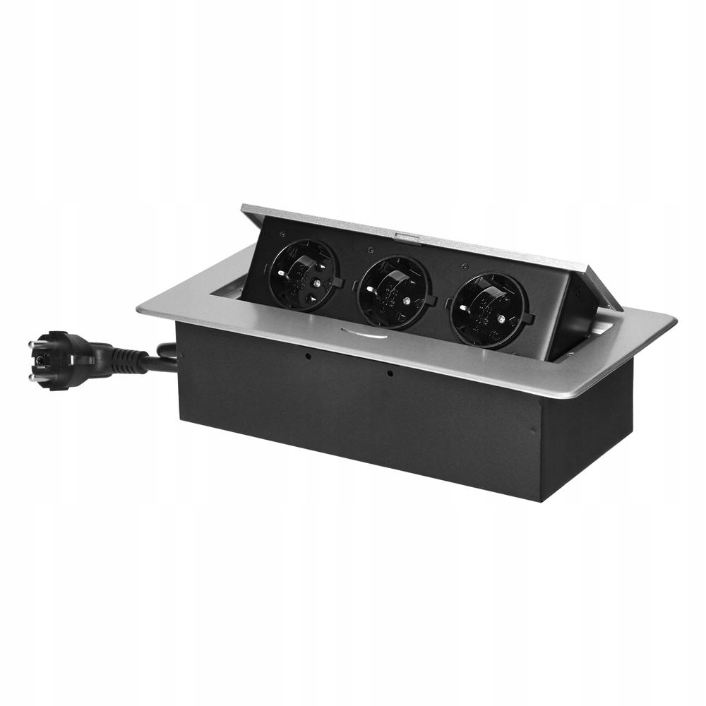 Nábytková zásuvka zapuštěná do desky, 1,5 m, 3x2P+Z (Schuko), stříbrná