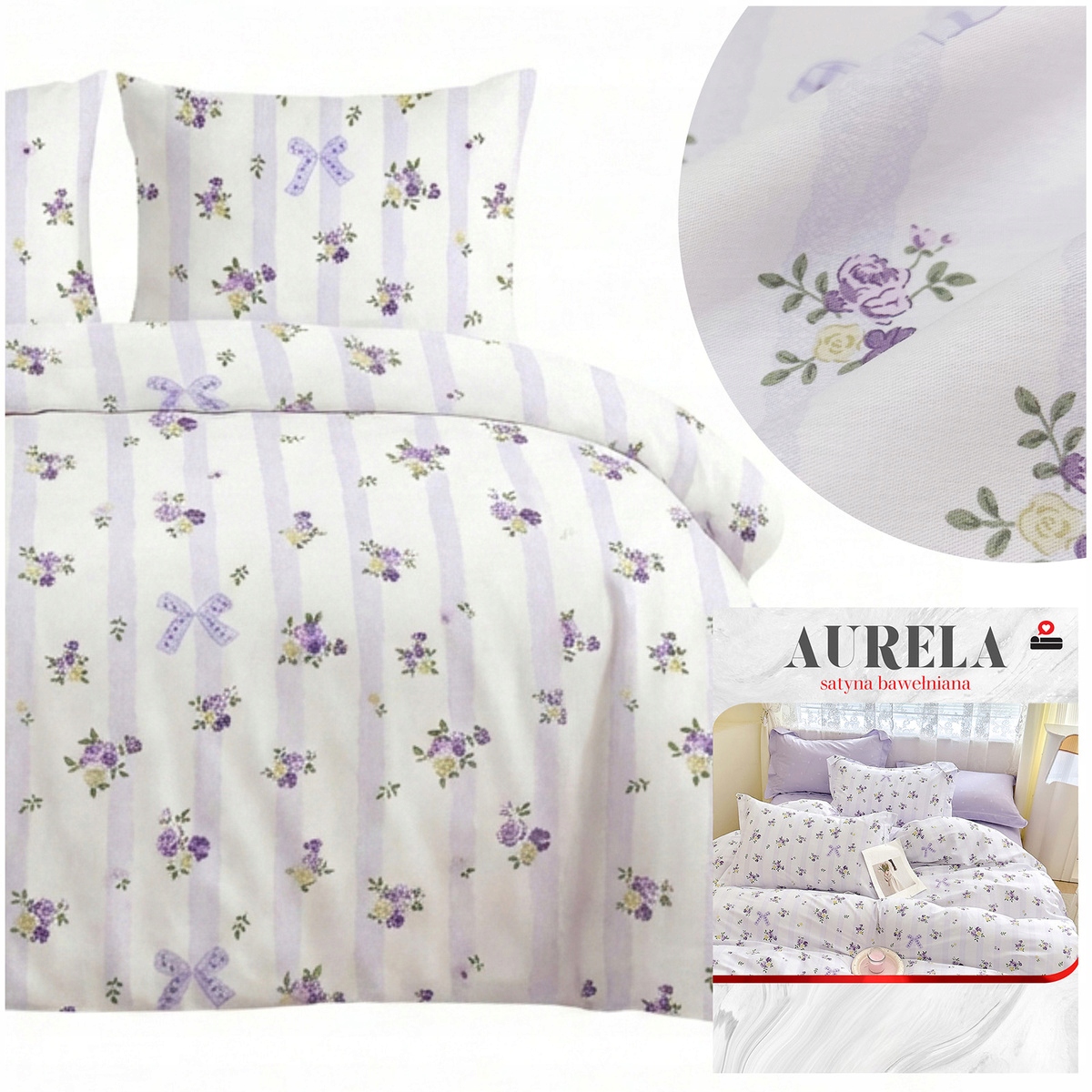 Pościel Satyna Bawełniana 200x220 3 cz poszewki 70x80 Aurela kwiaty