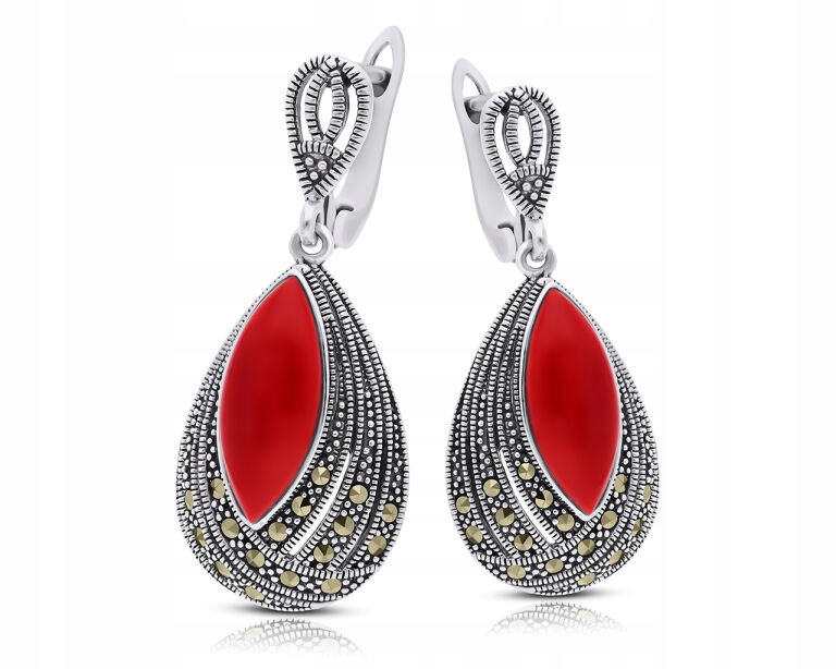 Stříbrné náušnice s červeným korálem, přírodní markýzy, pr.925