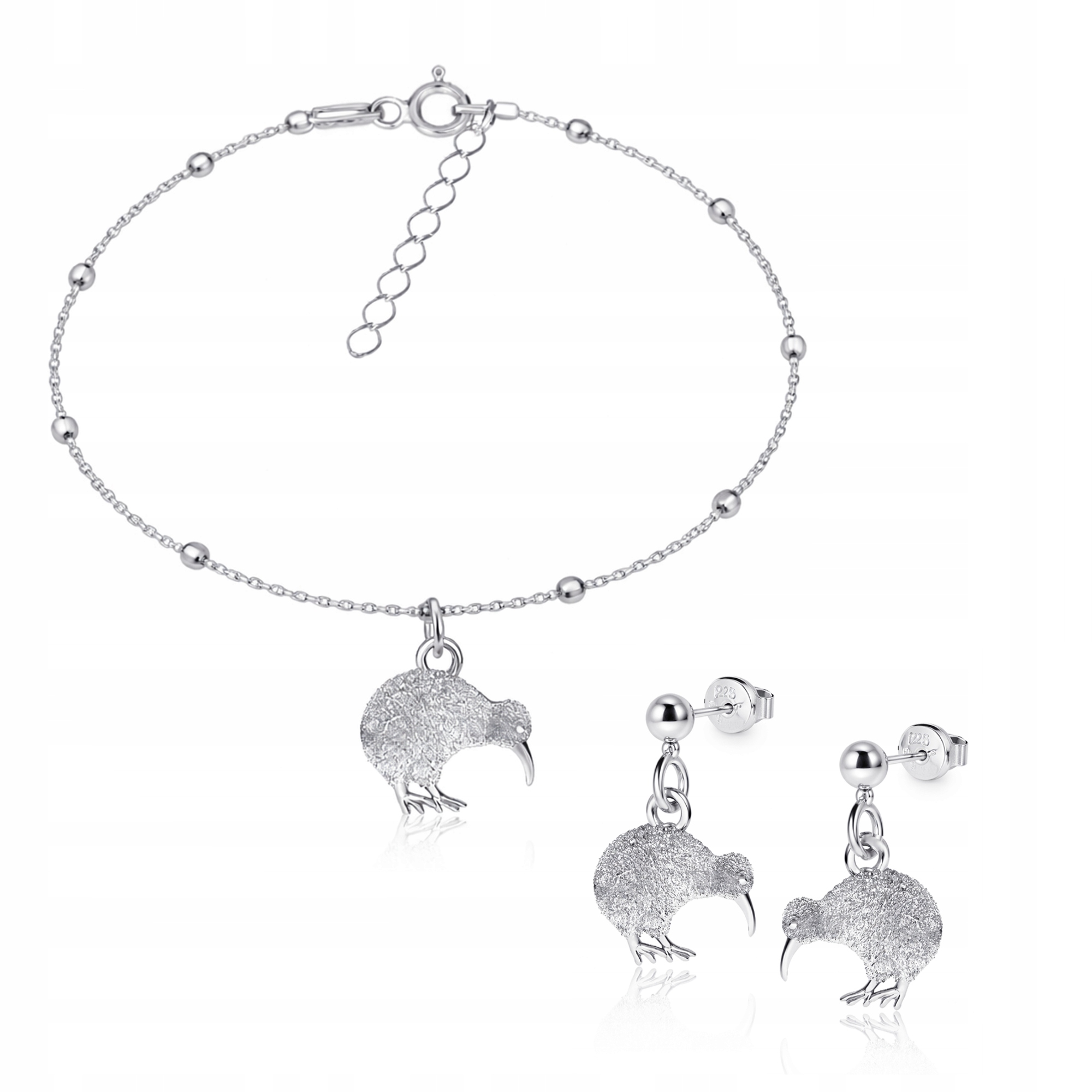 Ptáček kiwi stříbrný set šperků řetízek kuličkový stříbro 925