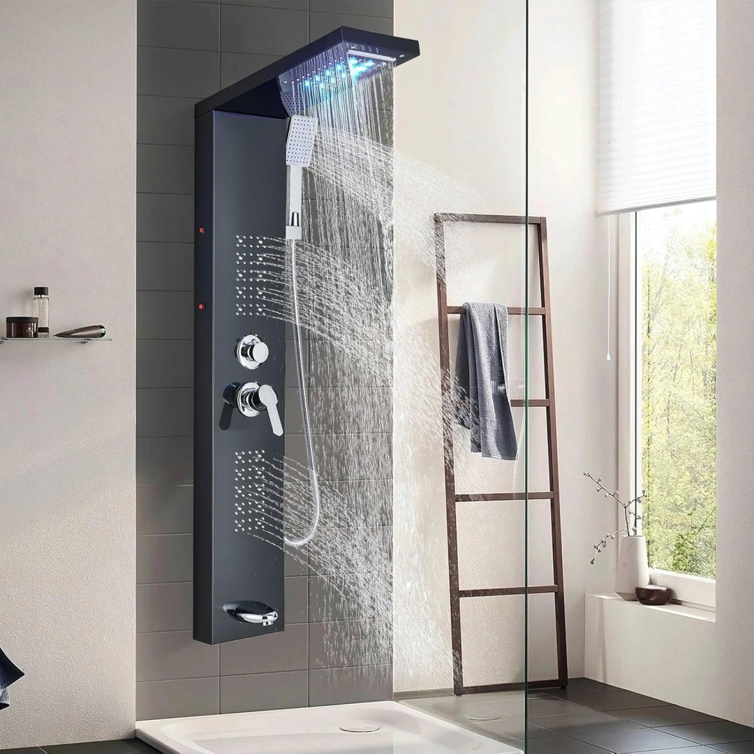 Sprchový panel Led čierny Vodopádový set Hydromasáž s dažďovou sprchou
