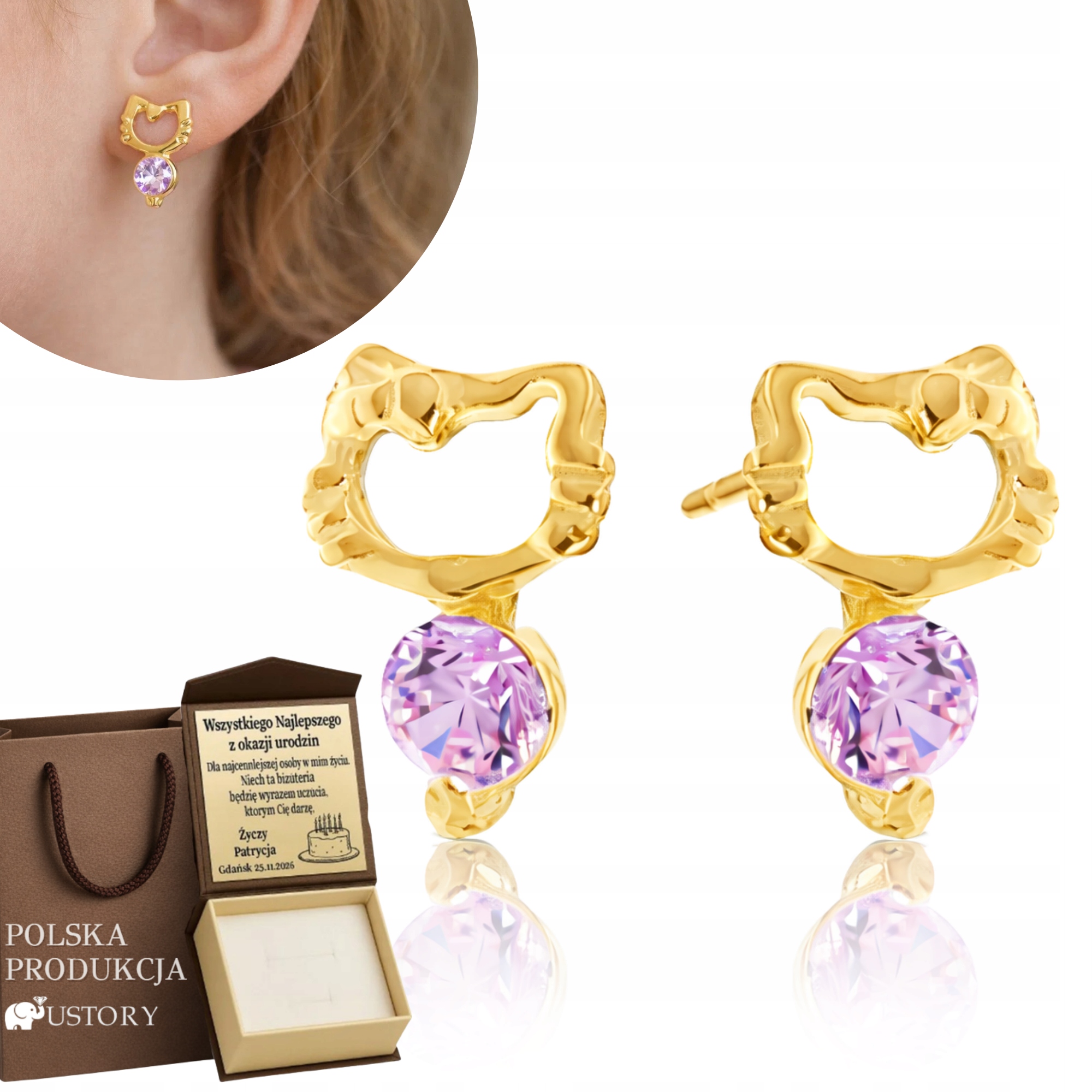 Zlaté Náušnice Hello Kitty Tužka 925/ 585 Zirkon Růžová Pro Dívku