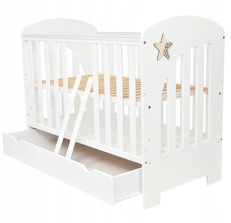 ŁÓŻECZKO DZIECIĘCE Z SZUFLADĄ Z TAPCZANIKIEM BIAŁE GWIAZDKA