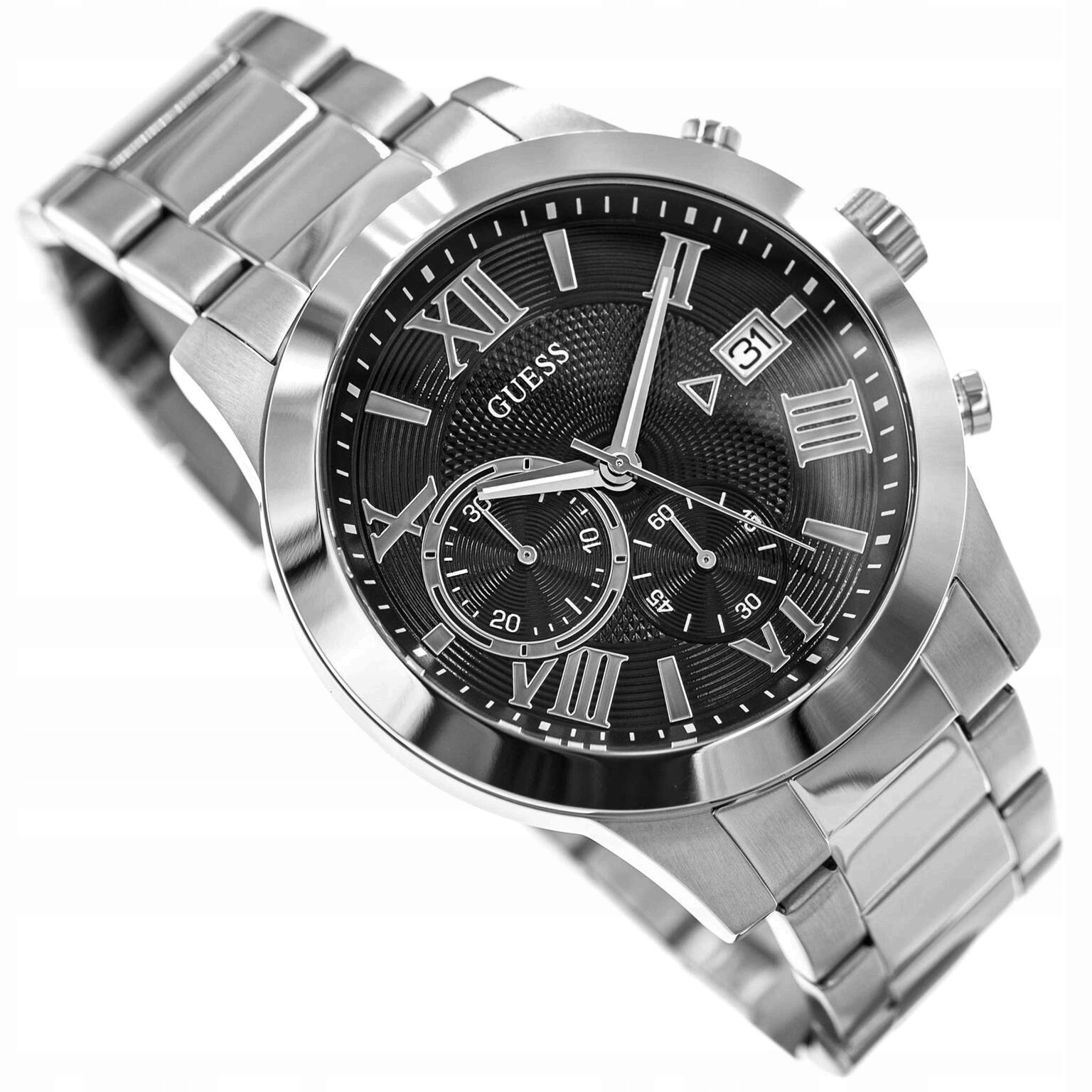 Pánské Hodinky Guess W0668G3 Atlas Stříbrné Na Náramku Datumovka Stopky