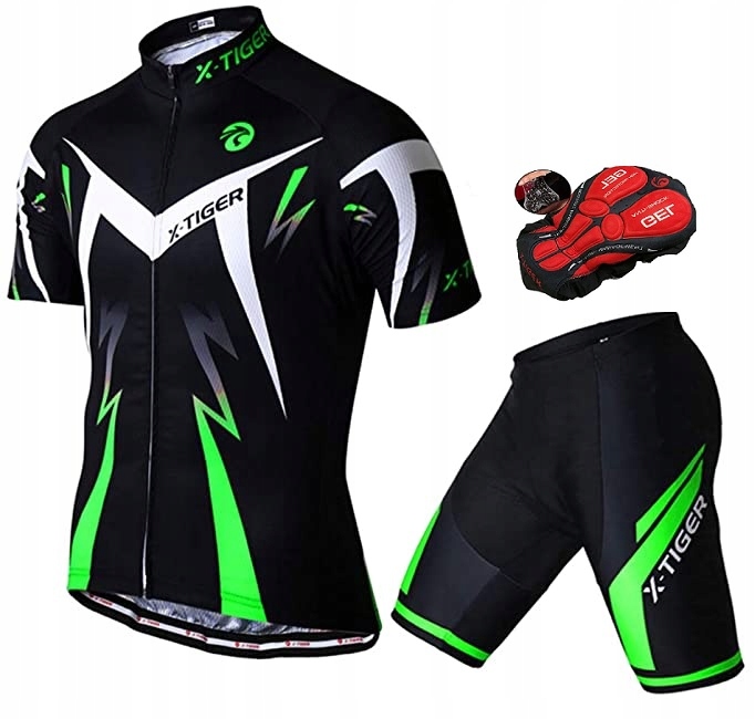 STRÓJ ROWEROWY KOMPLET KOLARSKI SPODENKI ŻELOWE KOSZULKA L X-TIGER ZIELONY