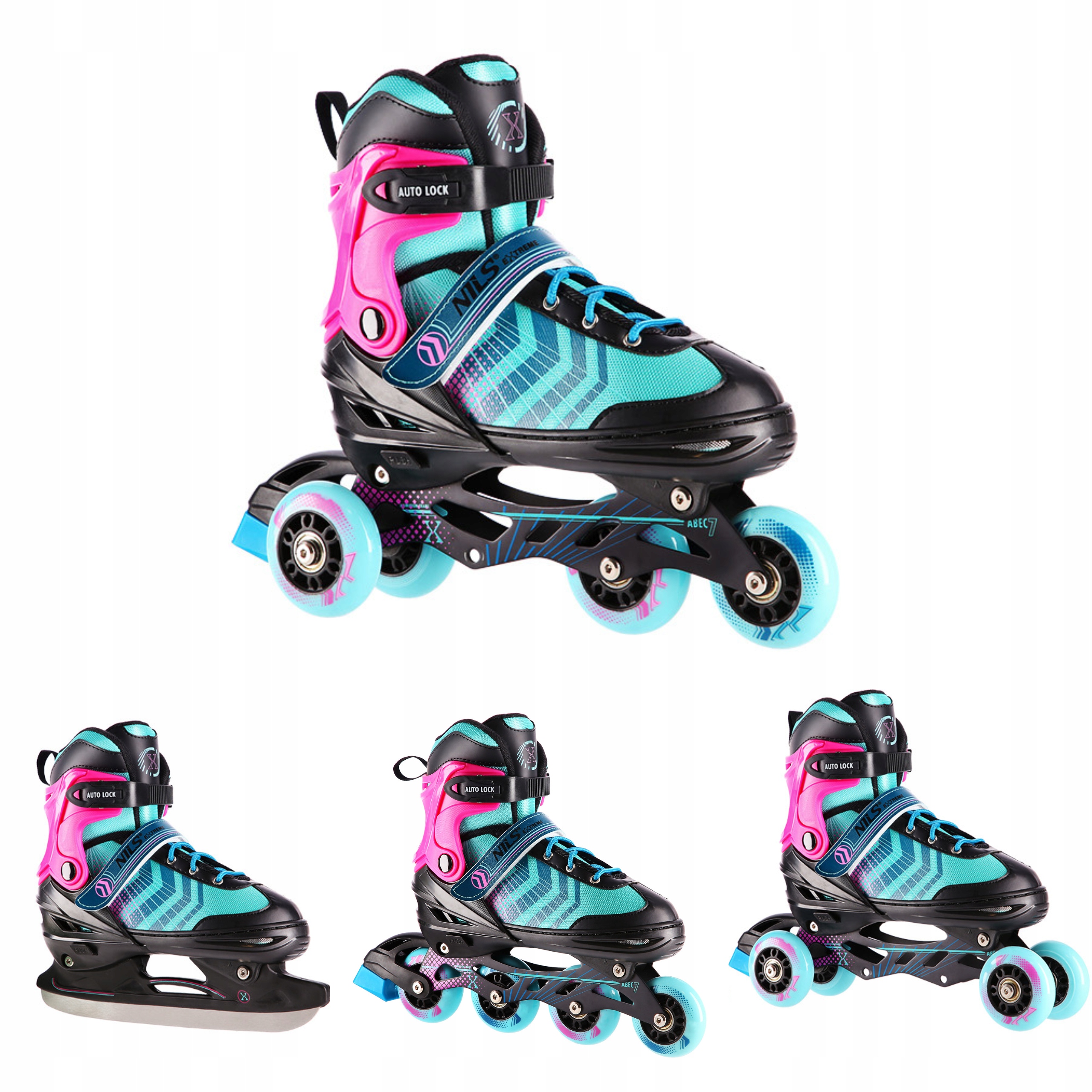 Łyżworolki regulowane 4w1 M 34-38 łyżwy wrotki fioletowe ABEC7 Nils Extreme