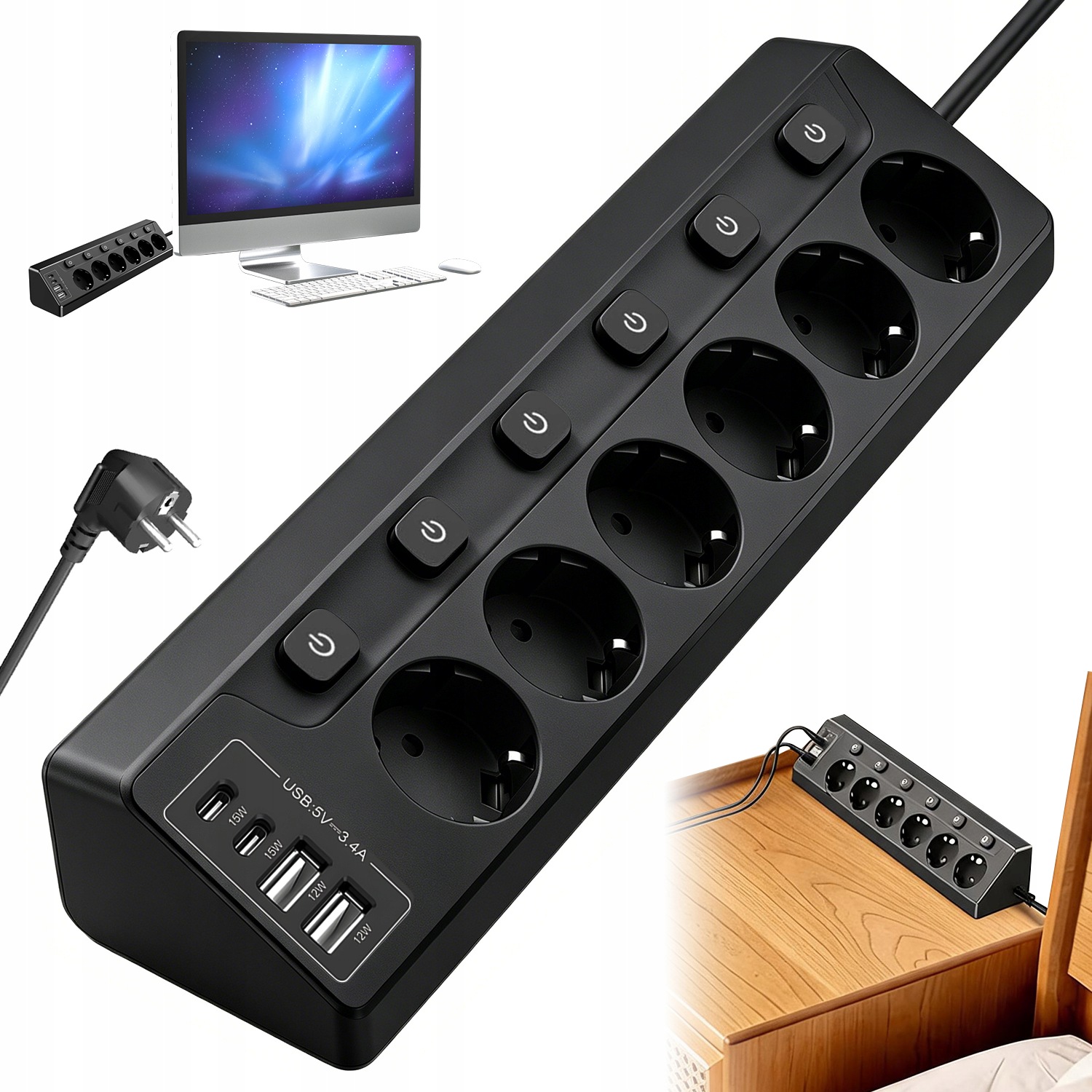 Prodlužovací Kabel Zásuvková Lišta Vypínač 4x Usb 6 Zásuvek 2 m 230 V Usb Usb-c