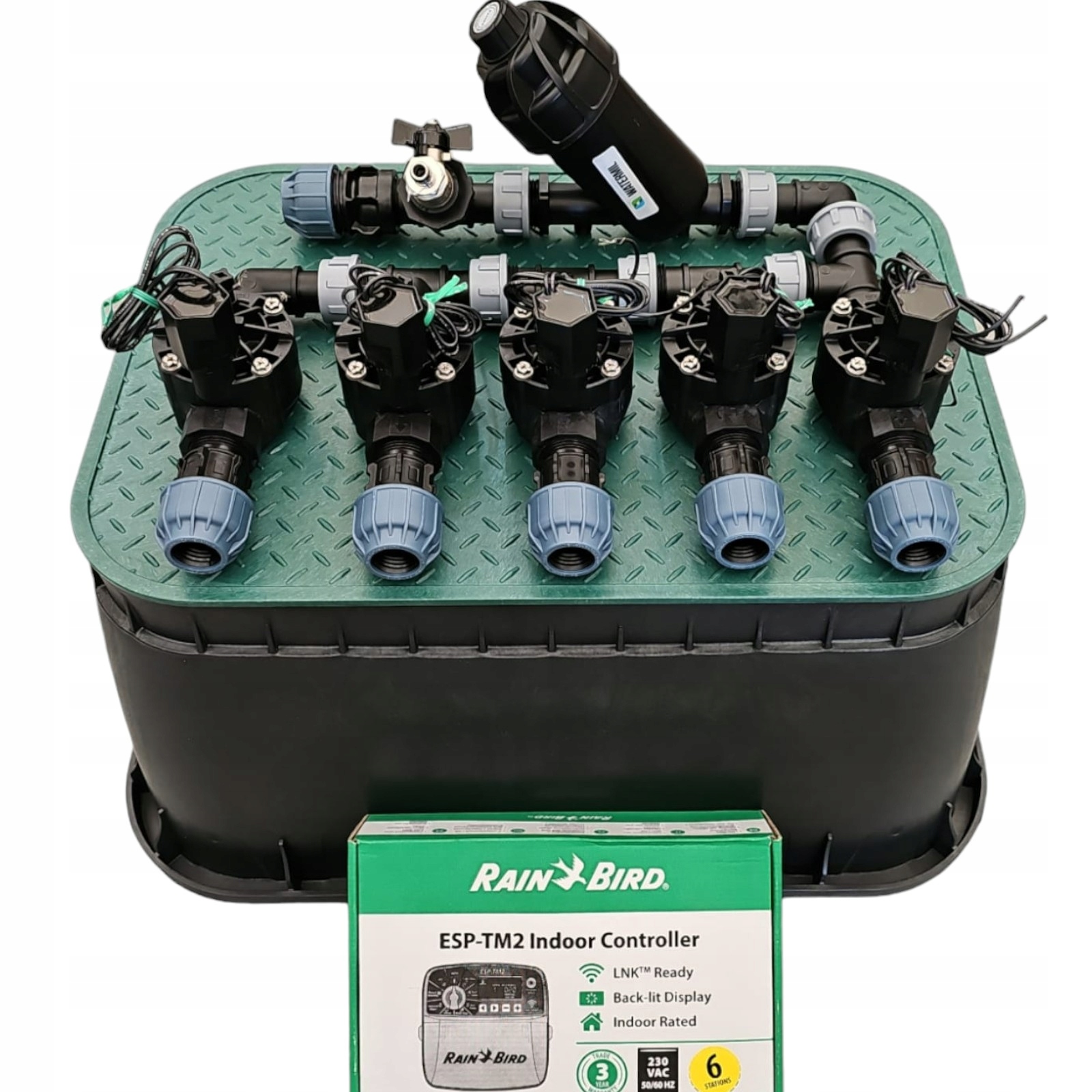 Zestaw Rain Bird Hv 5 sekcji Kolektor z filtrem Sterownik TM2 na rurę Pe 25