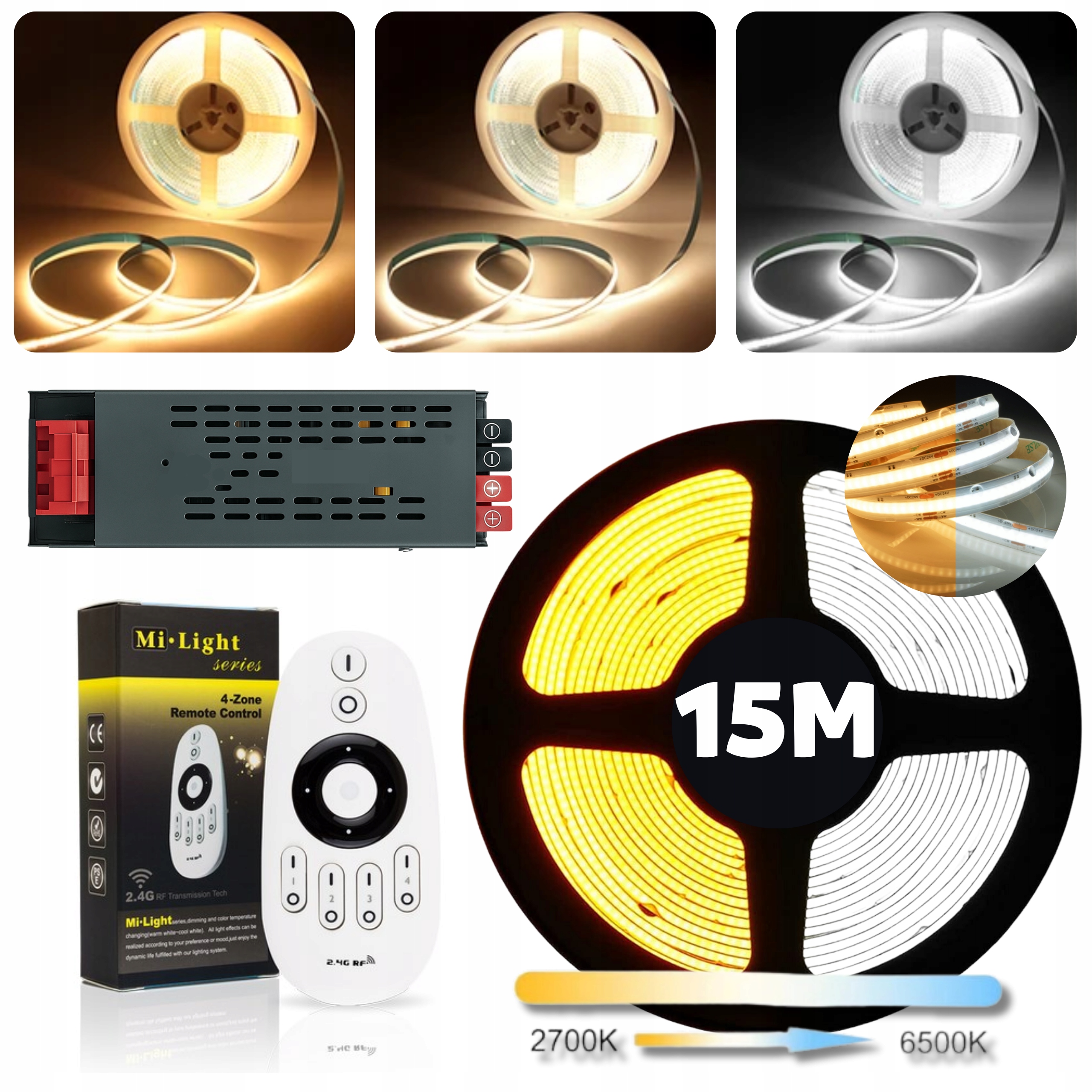 Set Led teplá a studená páska Cob Cct 3000-6500K 24V 14W/m kontinuálna čiara 15 m