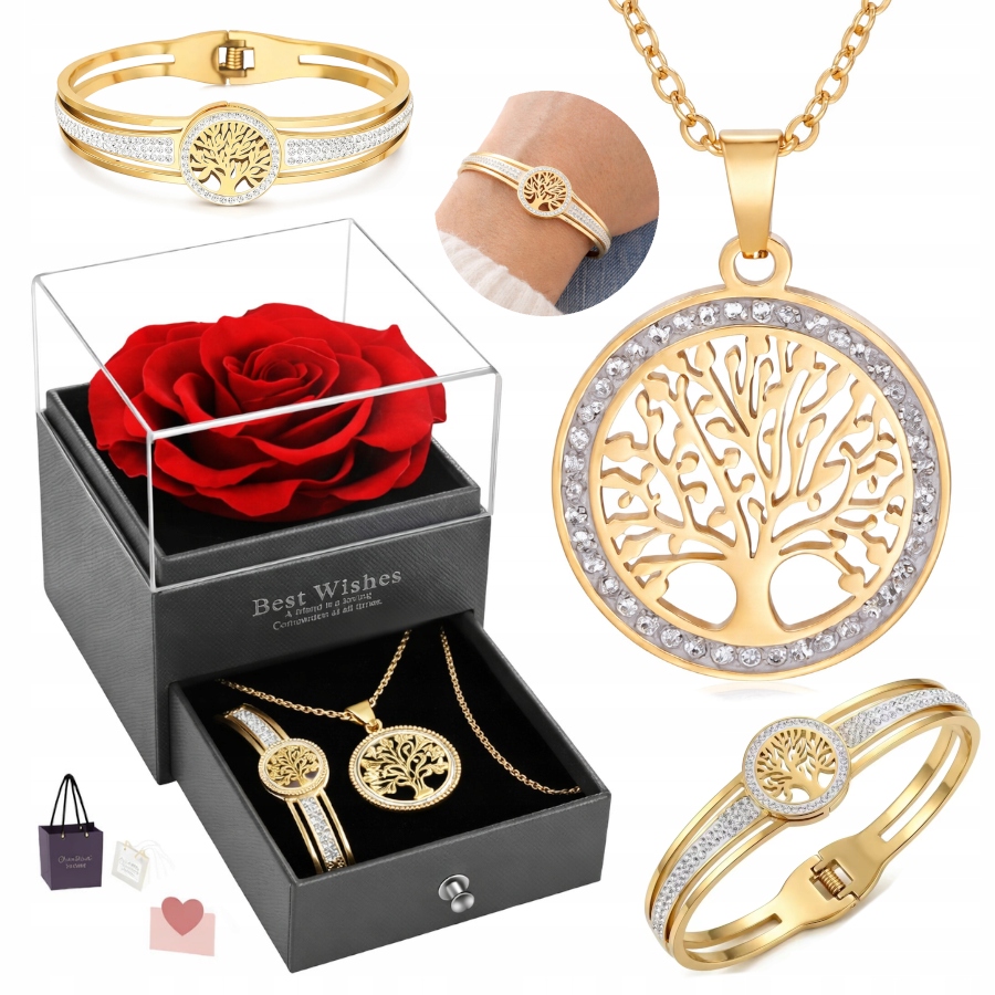 Bransoletka Naszyjnik Złoty Wieczna Róża W Szkatułce Dla Kobiet